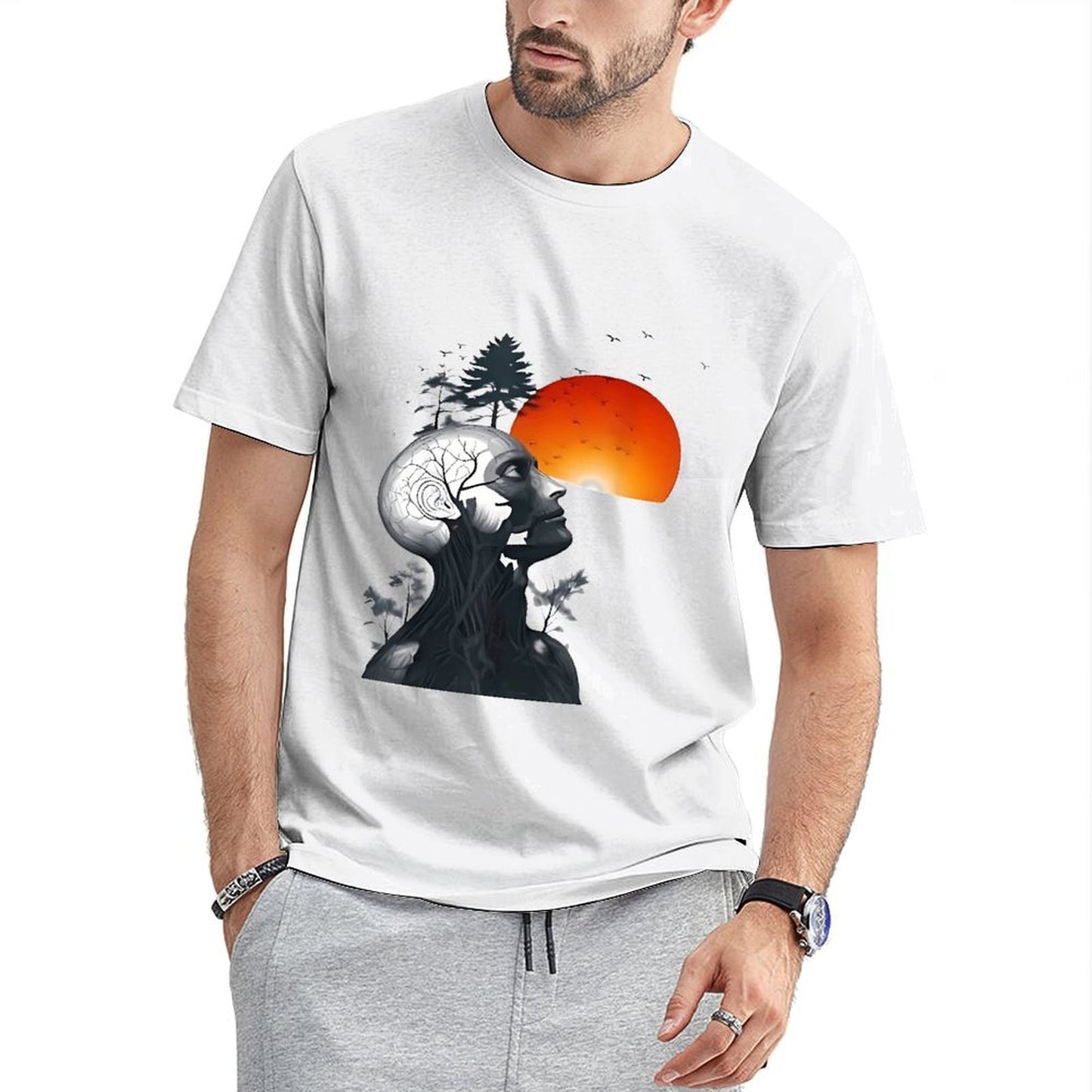 Inkmay Casual Cotton T-shirt Abstract Human Head With Nature Elements Unisex T-shirtFresh Wrinkle-Free T-Shirt