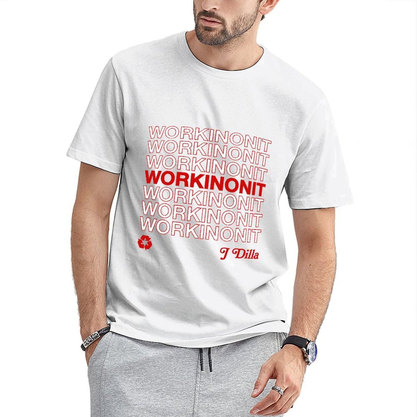 Inkmay Casual Cotton T-shirt Workinonit Pattern Printed On Red Unisex T-shirtRelaxed ClassicLine T-Shirt