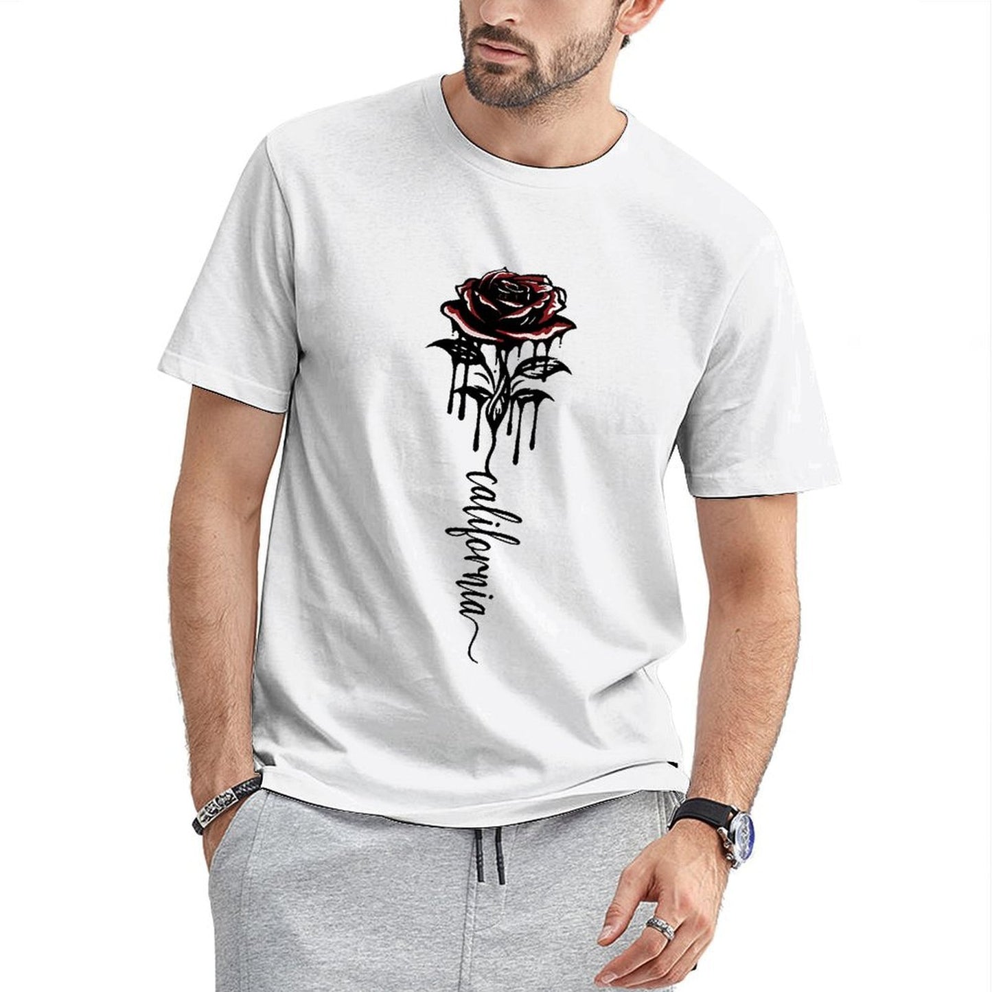 Inkmay Casual Cotton T-shirt Rose Pattern Print On Black Background Unisex T-shirtTimelessStyle ClassicFit T-Shirt