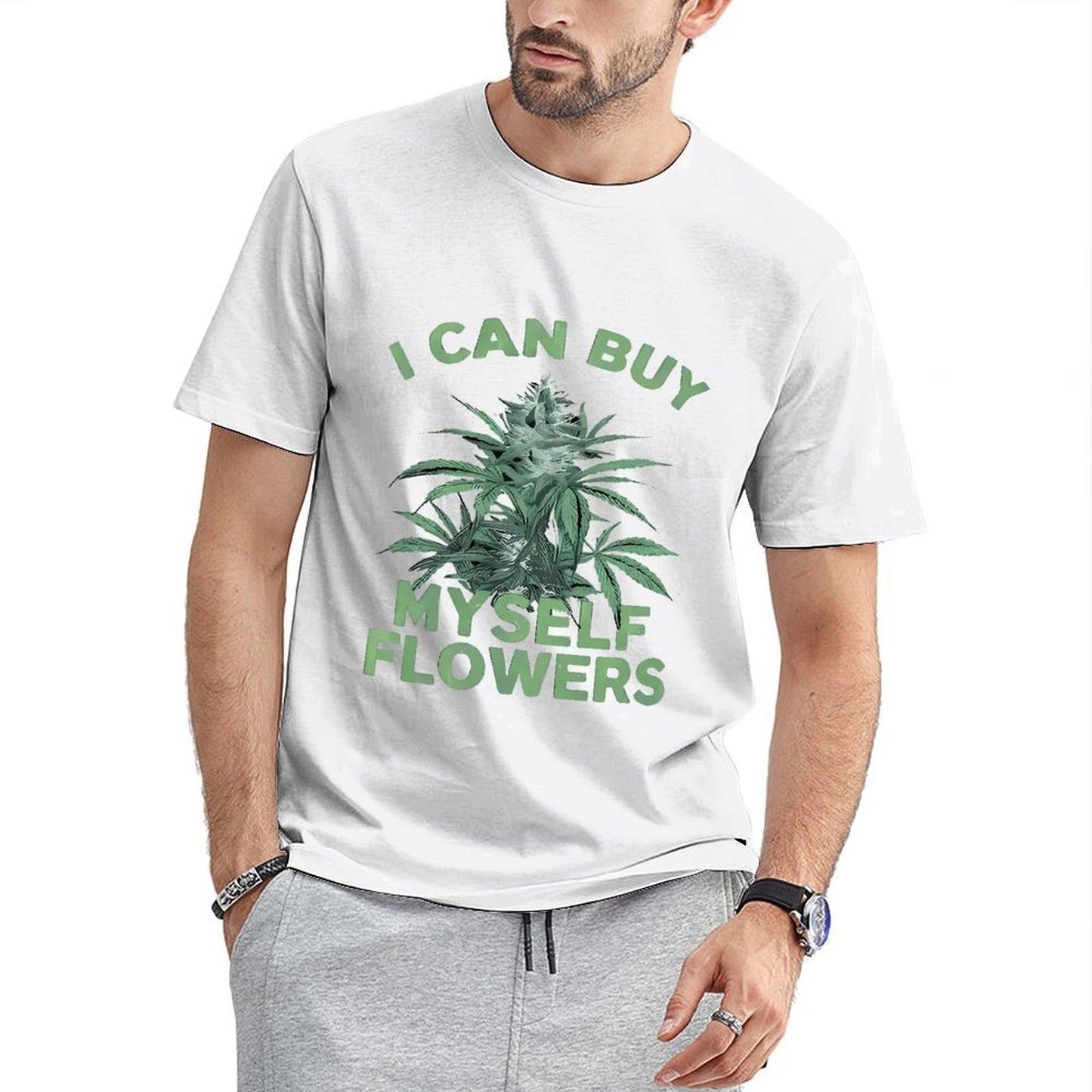 Inkmay Casual Cotton T-shirt Cannabis Plant With Text Overlay Design Unisex T-shirtRelaxed Fit Fade-Resistant T-Shirt