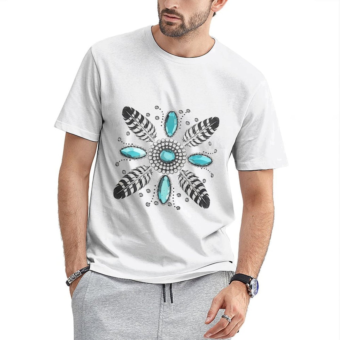 Inkmay Casual Cotton T-shirt Feather And Gemstone Pattern Design Artwork Unisex T-shirt