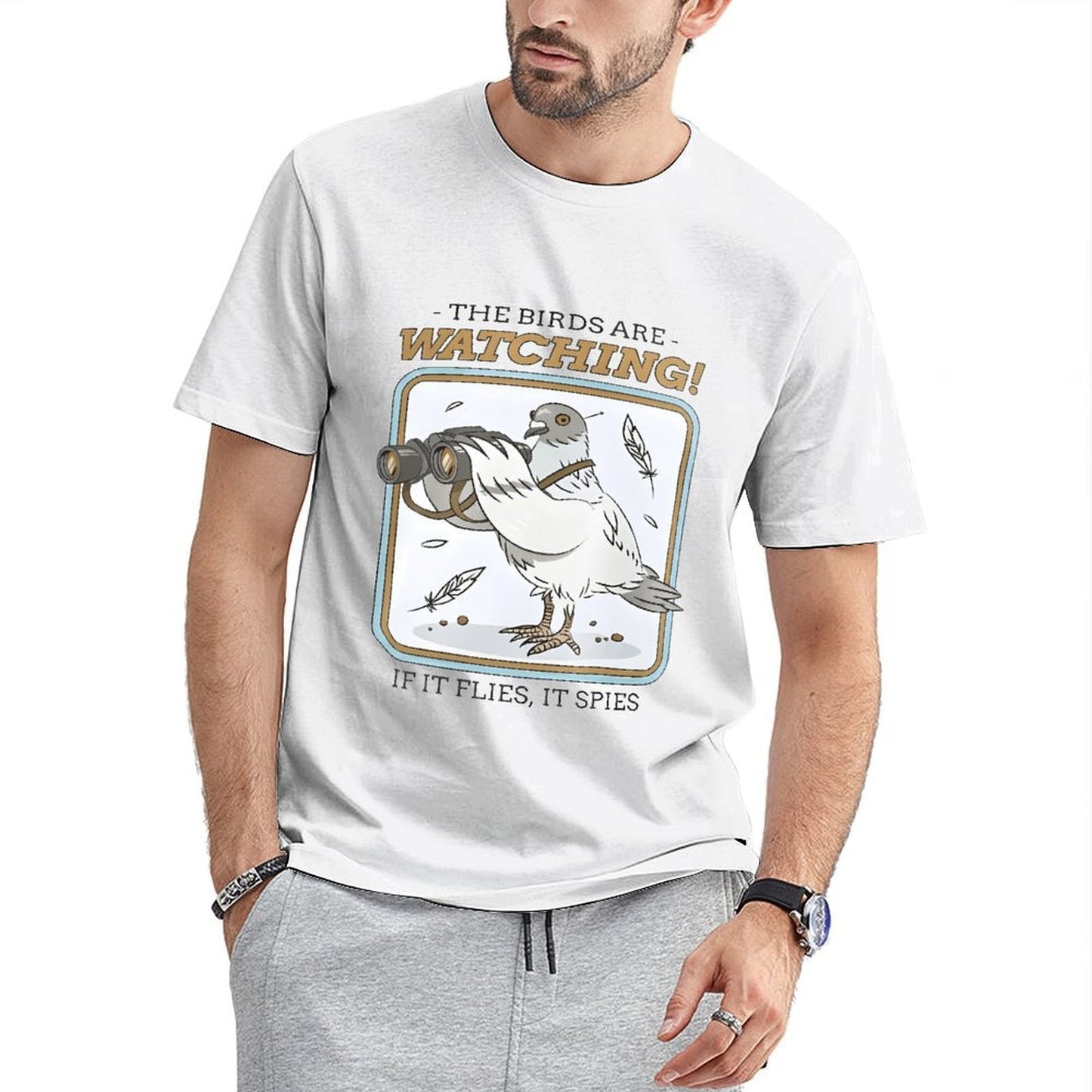 Inkmay Casual Cotton T-shirt Pigeon With Binoculars And Catchphrase Print Unisex T-shirtTrueComfort Shrink-Resistant T-Shirt