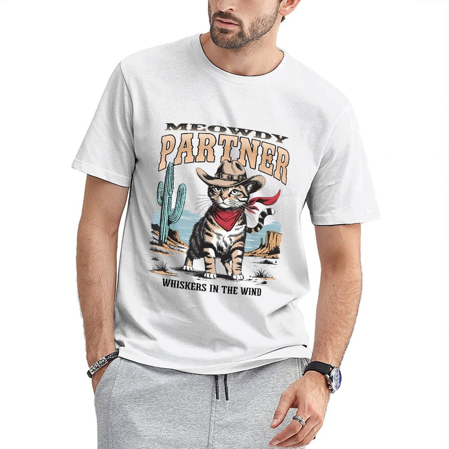 Inkmay Casual Cotton T-shirt Cat Wears Cowboy Hat And Bandana Unisex T-shirtCrew Neck SoftTouch T-Shirt