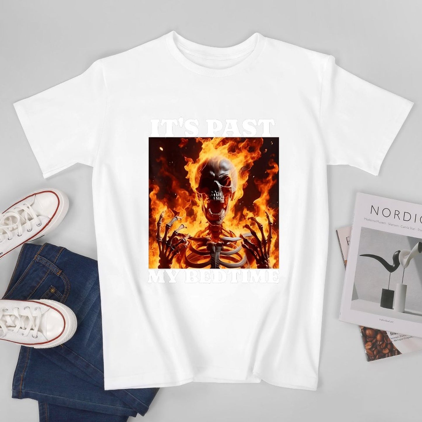 Inkmay Casual Cotton T-shirt Flaming Skeleton Artwork Boldly Printed Design Unisex T-shirtPromotional Lifestyle T-Shirt