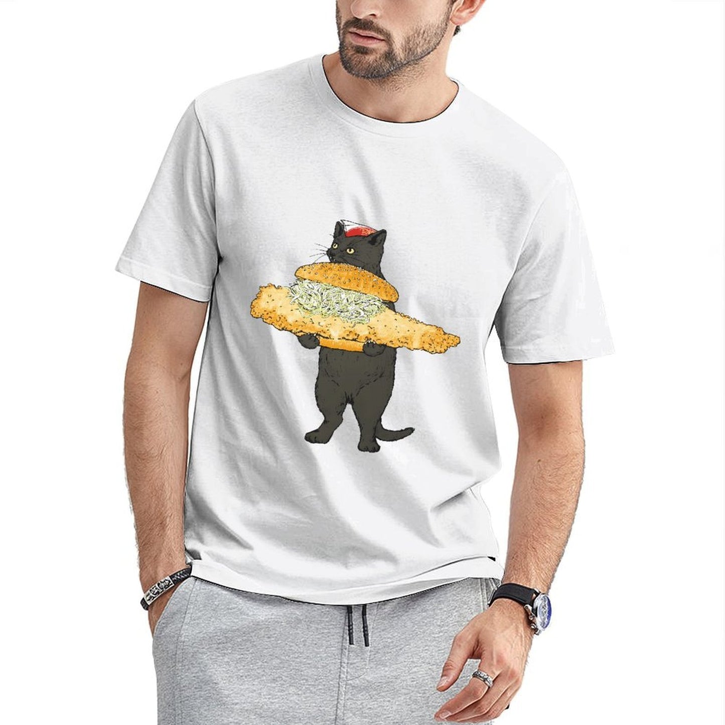 Inkmay Casual Cotton T-shirt Cat Holding Giant Sandwich With Toppings Unisex T-shirtAllSeason StreetLine T-Shirt