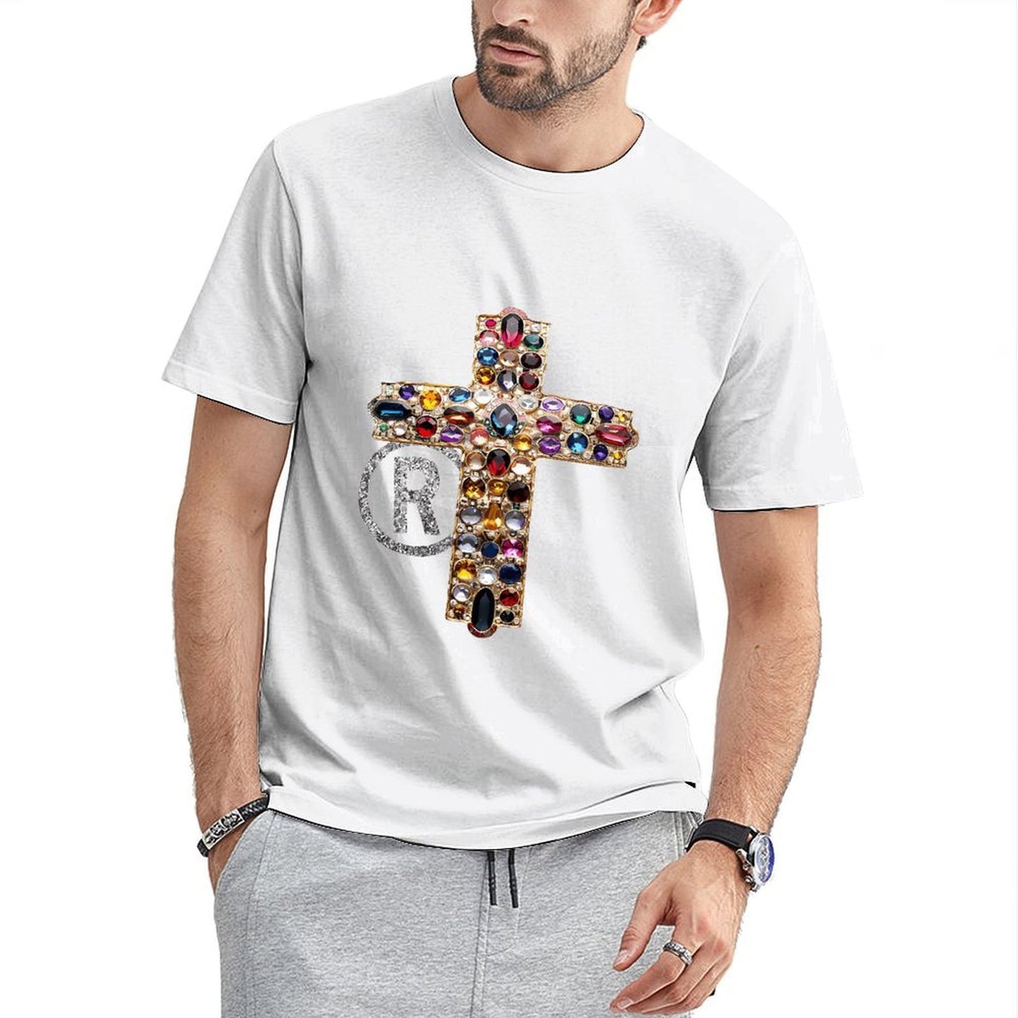 Inkmay Casual Cotton T-shirt Elegant Cross With Gemstones And Rhinestones Unisex T-shirtEco / Sustainable EverydayWear T-Shirt
