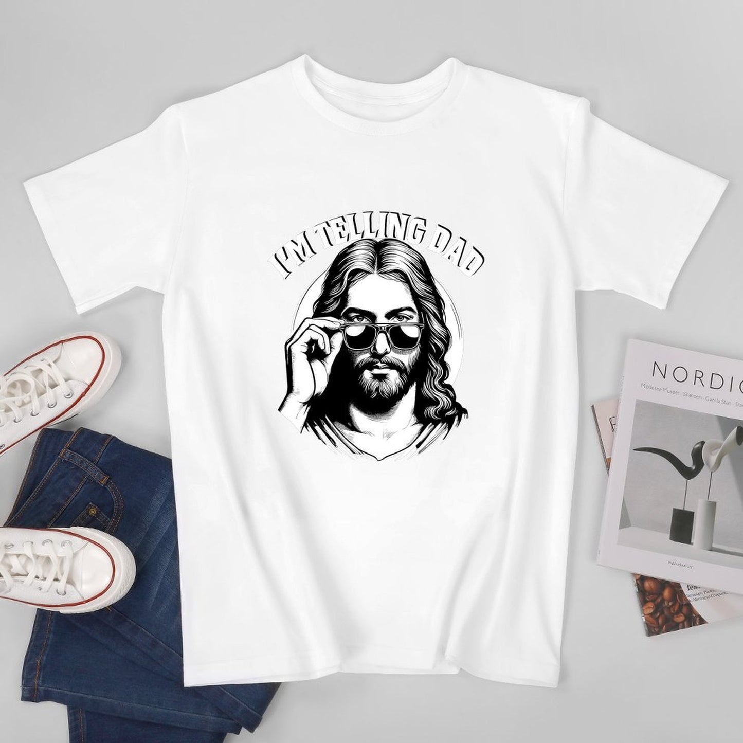 Inkmay Casual Cotton T-shirt Jesus Wearing Sunglasses Artistic Black White Unisex T-shirtFundraising ClassicSeries T-Shirt