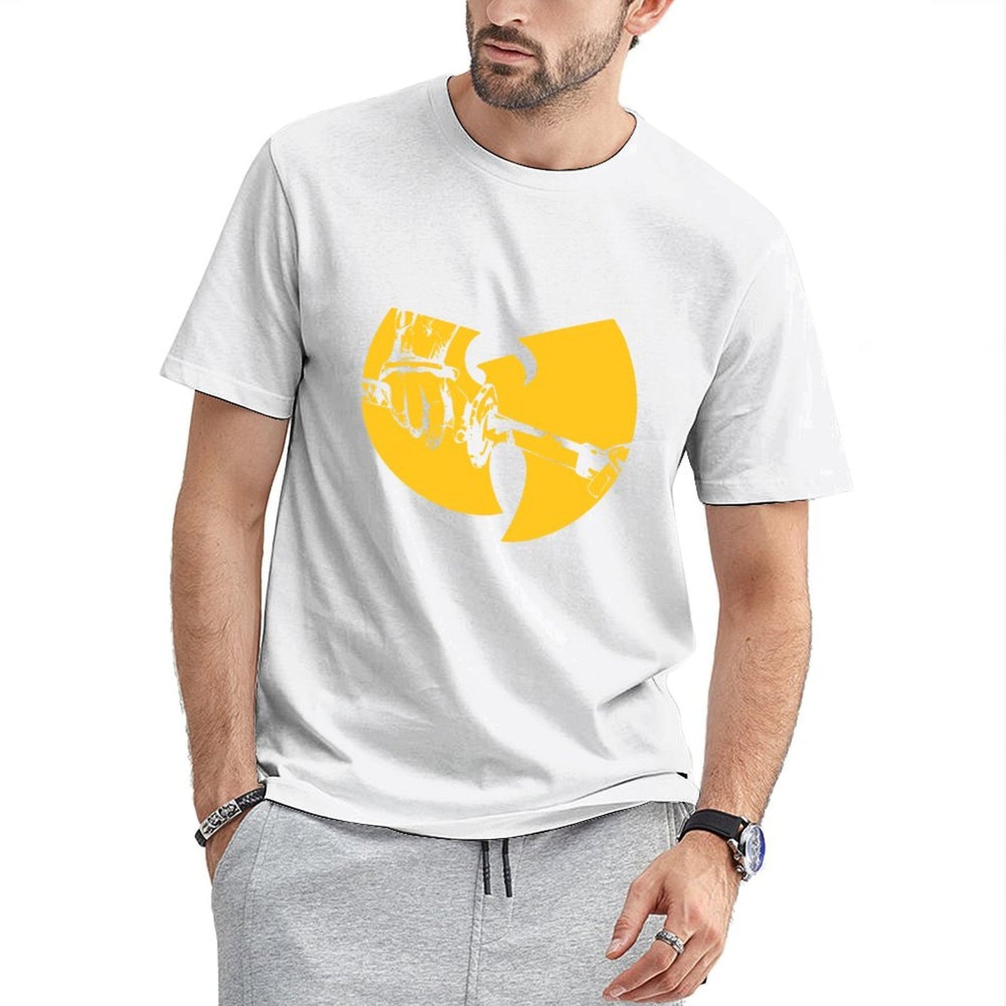 Inkmay Casual Cotton T-shirt Solid Yellow Background With White Lines Unisex T-shirtHeavyweight Heat-Transfer T-Shirt
