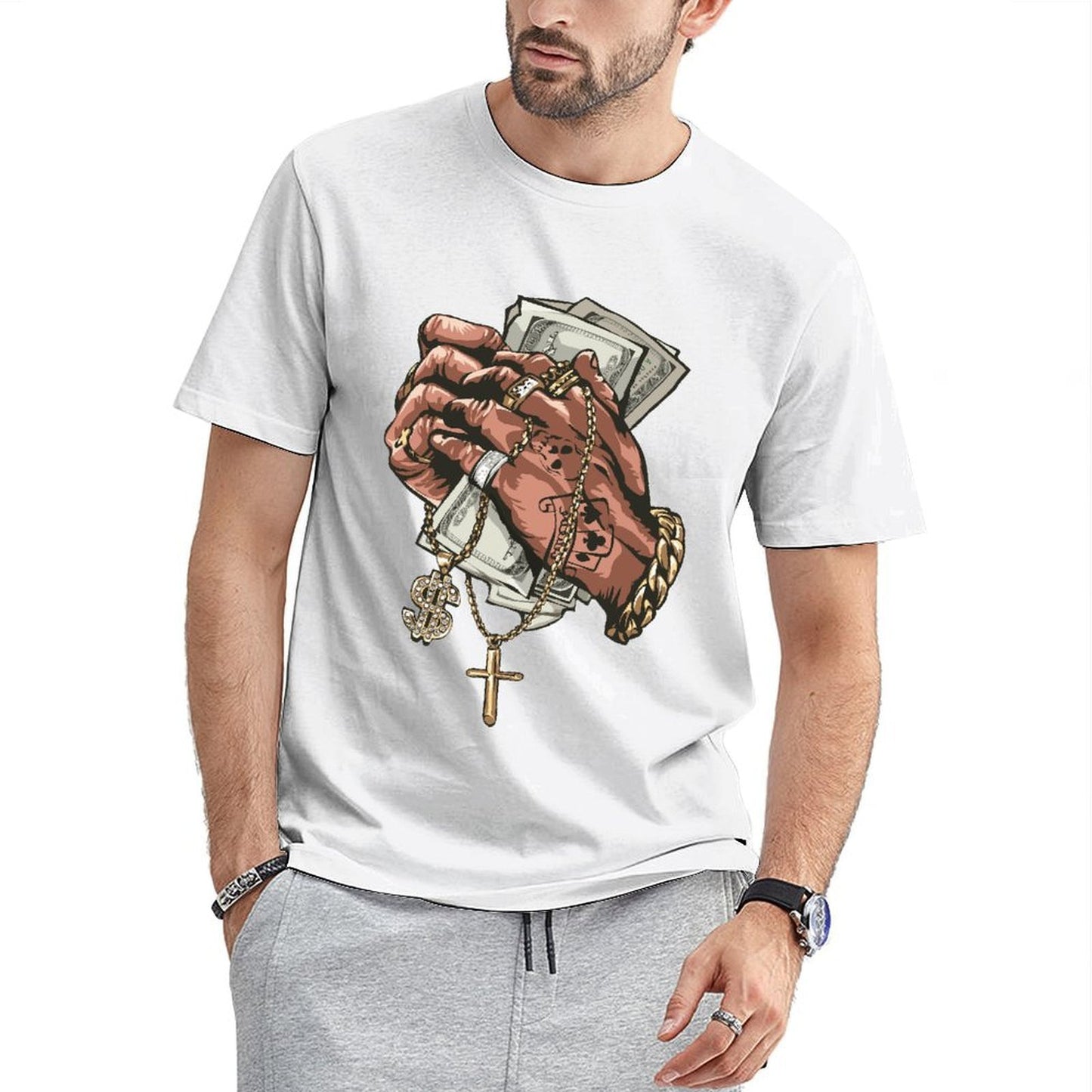 Inkmay Casual Cotton T-shirt Luxury Hands Holding Money And Jewelry Unisex T-shirtPremium Bold T-Shirt