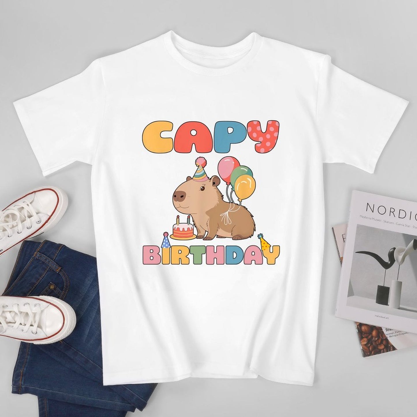 Inkmay Casual Cotton T-shirt Capybara Birthday Party With Balloons Unisex T-shirtCrew Neck EasyWear T-Shirt