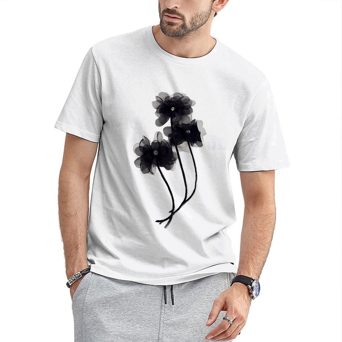 Inkmay Casual Cotton T-shirt Elegant Black And White Floral Design Unisex T-shirtRecycled Urban T-Shirt