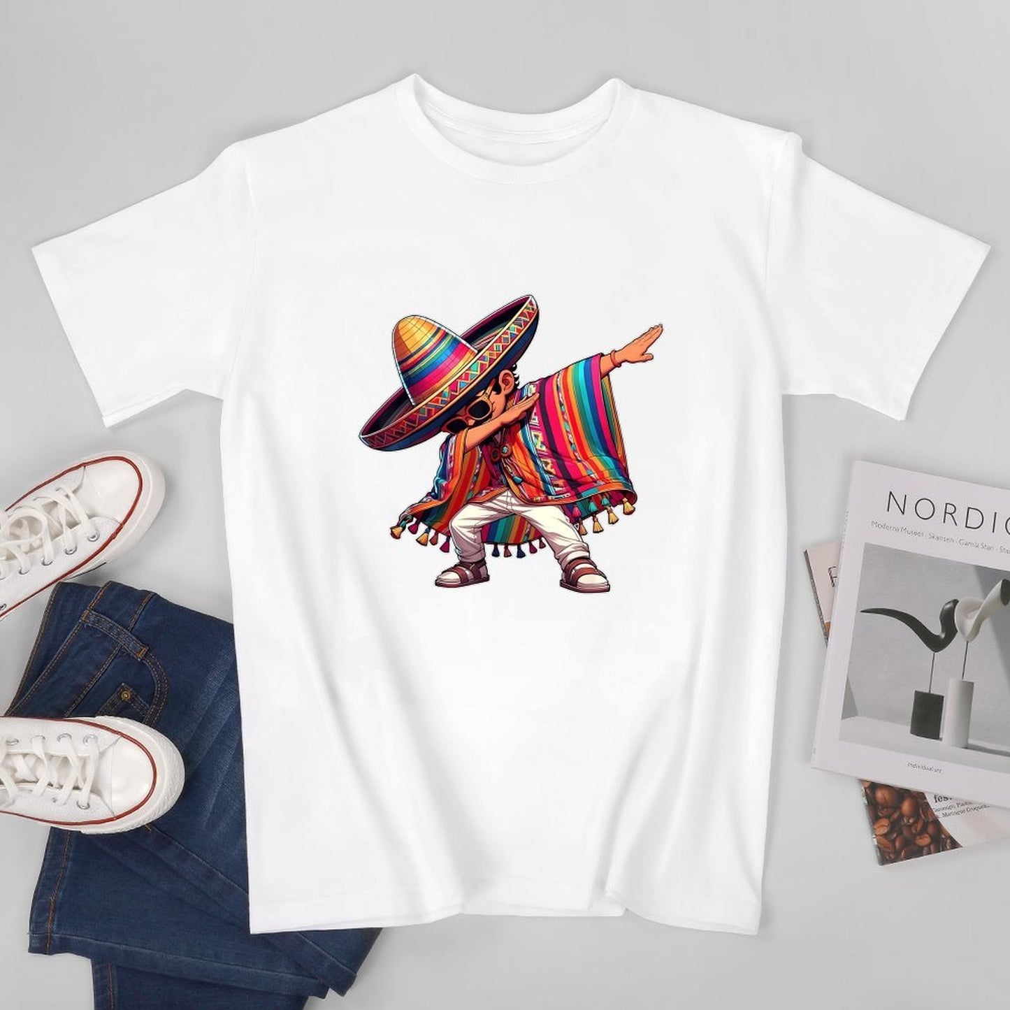 Inkmay Casual Cotton T-shirt Colorful Sombrero With Bright Stripes Unisex T-shirtSmoothWear EasyWear T-Shirt