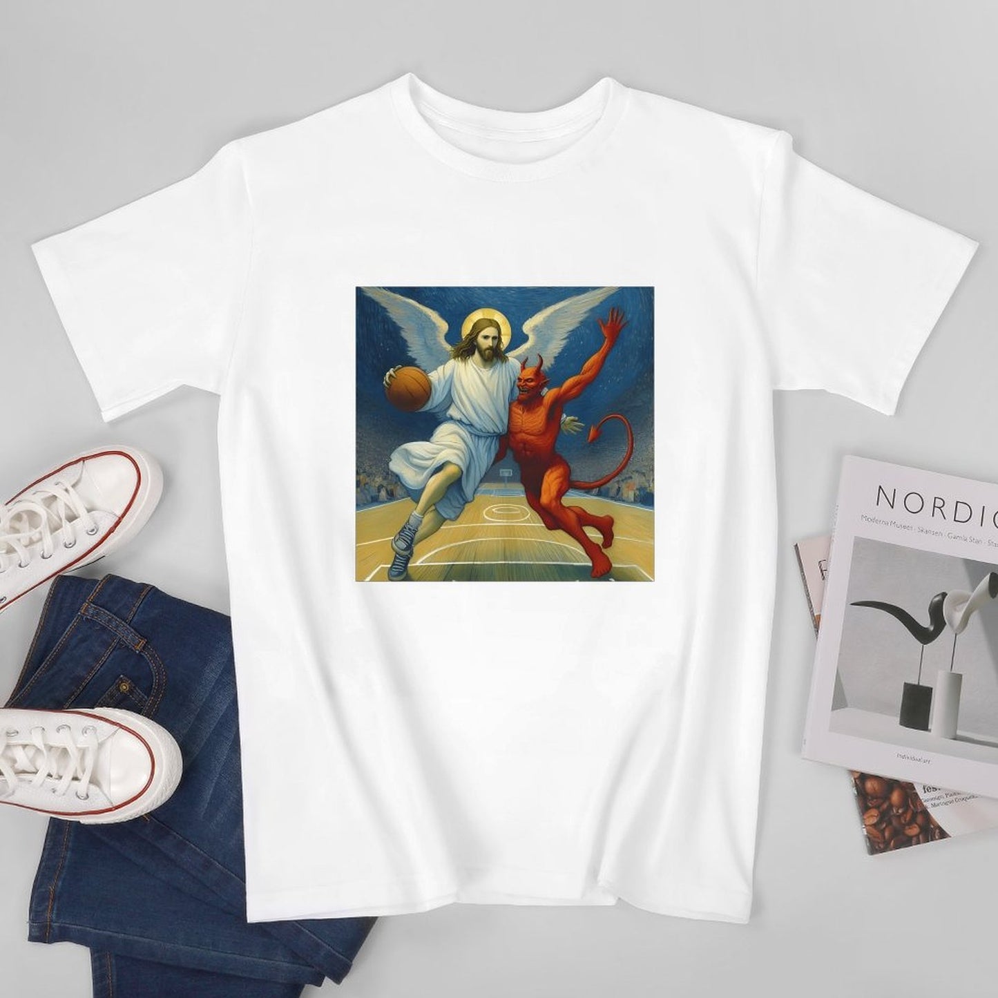 Inkmay Casual Cotton T-shirt Basketball Jesus Versus Devil On Court Unisex T-shirtEssential Regular T-Shirt