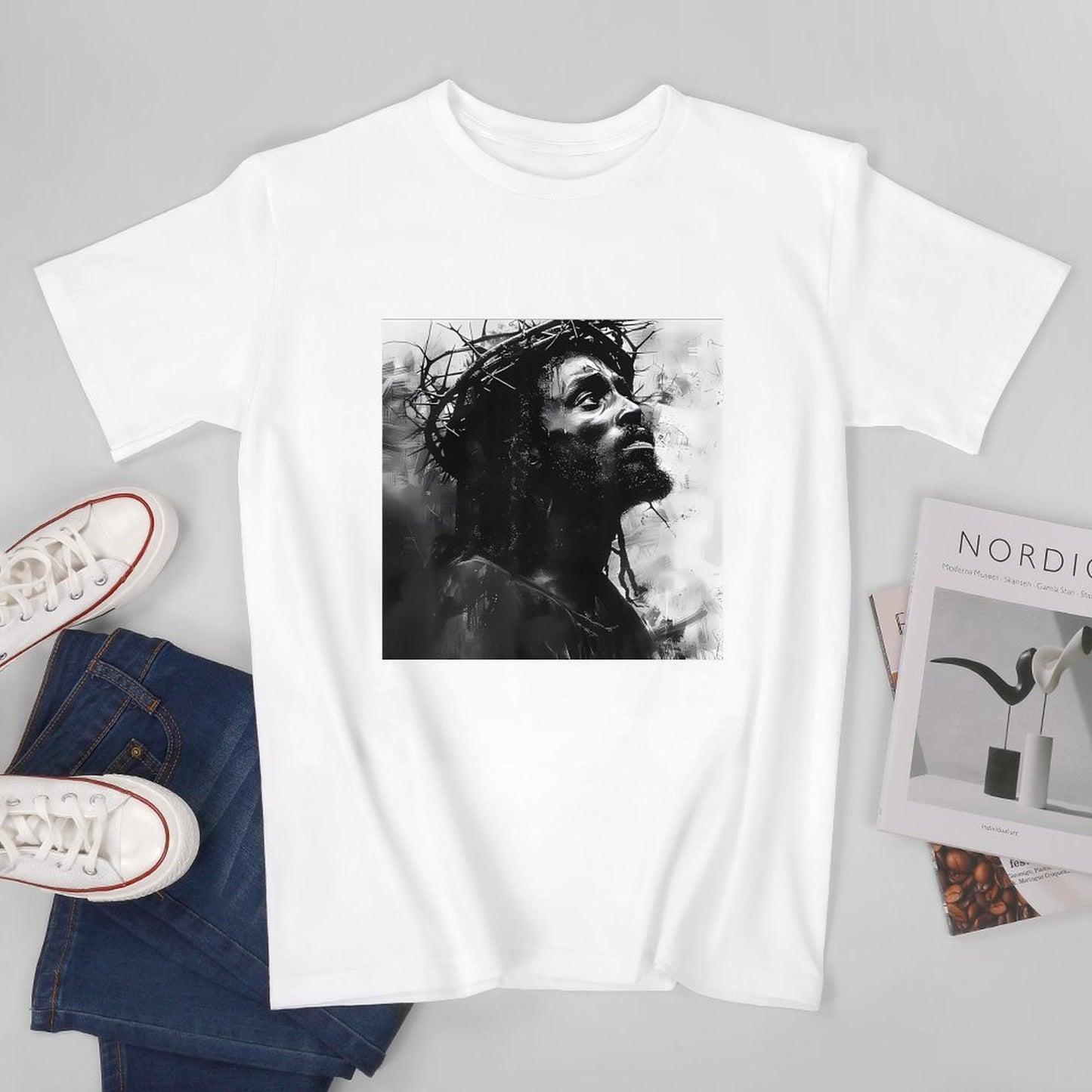 Inkmay Casual Cotton T-shirt Artistic Jesus With Crown Of Thorns Unisex T-shirtClassic Fit Crisp Print T-Shirt
