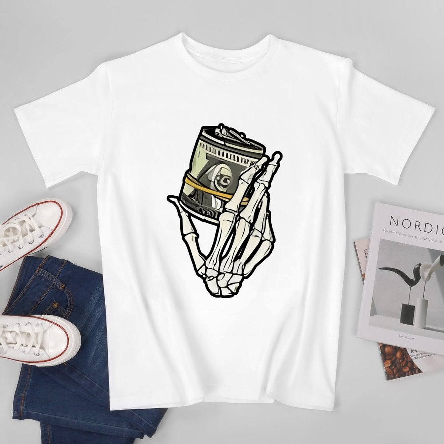 Inkmay Casual Cotton T-shirt Skeleton Hand Holding Film Roll Art Unisex T-shirtChill Colorfast T-Shirt