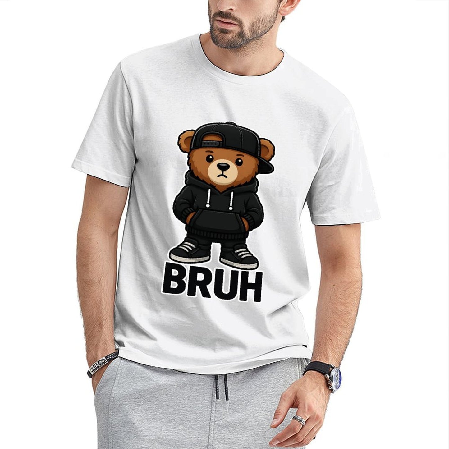 Inkmay Casual Cotton T-shirt Bruh Bear Wearing Black Streetwear Unisex T-shirtBatch-Printed ClassicLine T-Shirt