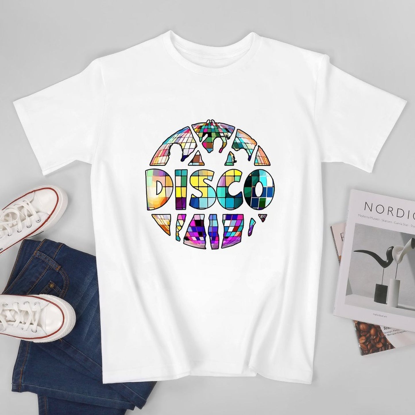 Inkmay Casual Cotton T-shirt Colorful Disco Ball Pattern Print Design Unisex T-shirt
