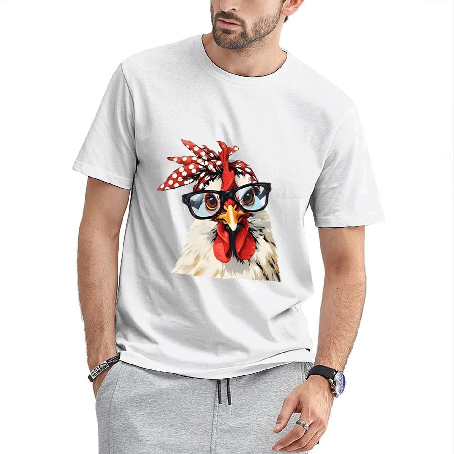 Inkmay Casual Cotton T-shirt Stylish Chicken With Glasses And Bandana Unisex T-shirt