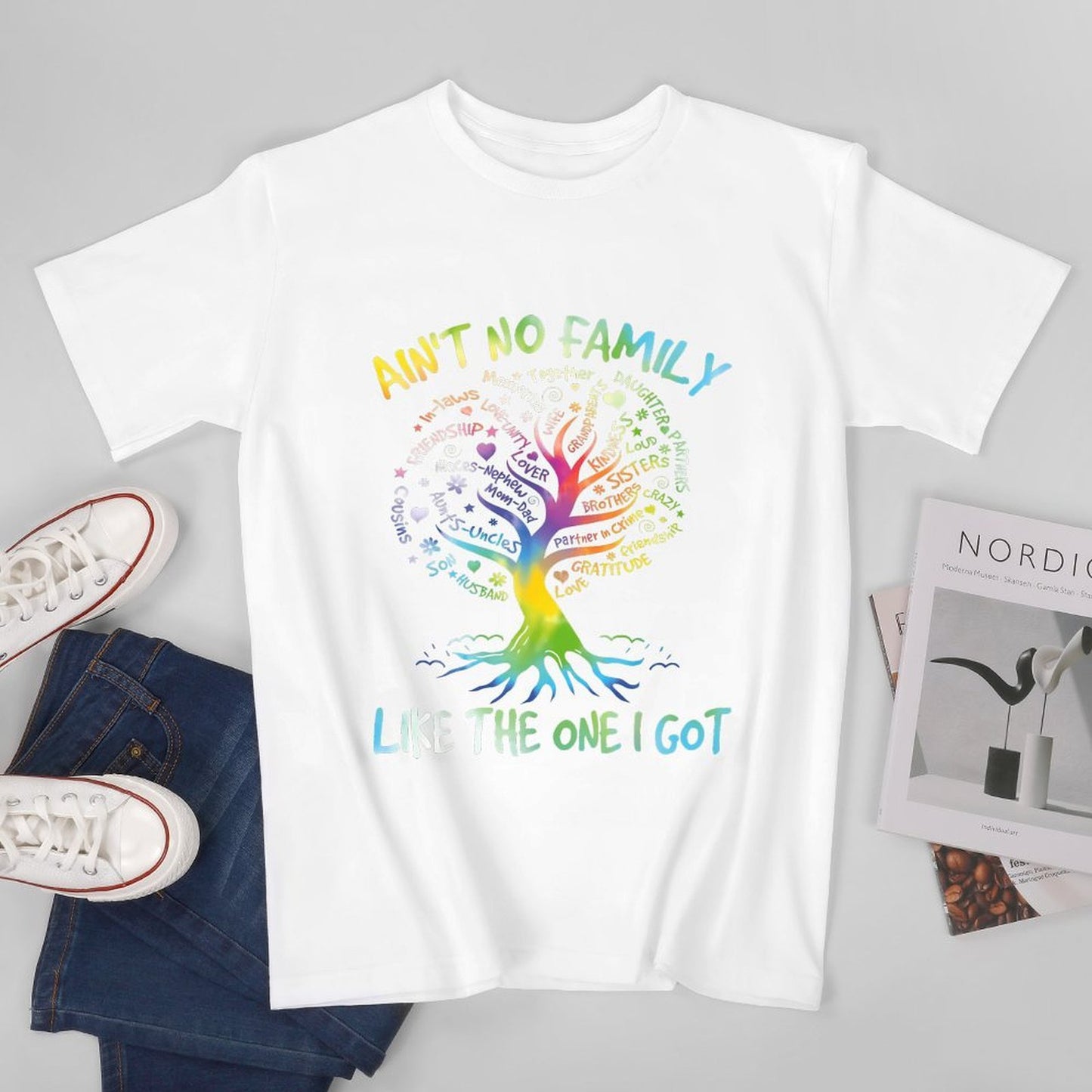 Inkmay Casual Cotton T-shirt Family Tree With Colorful Words Unisex T-shirtEverydayWear Series T-Shirt