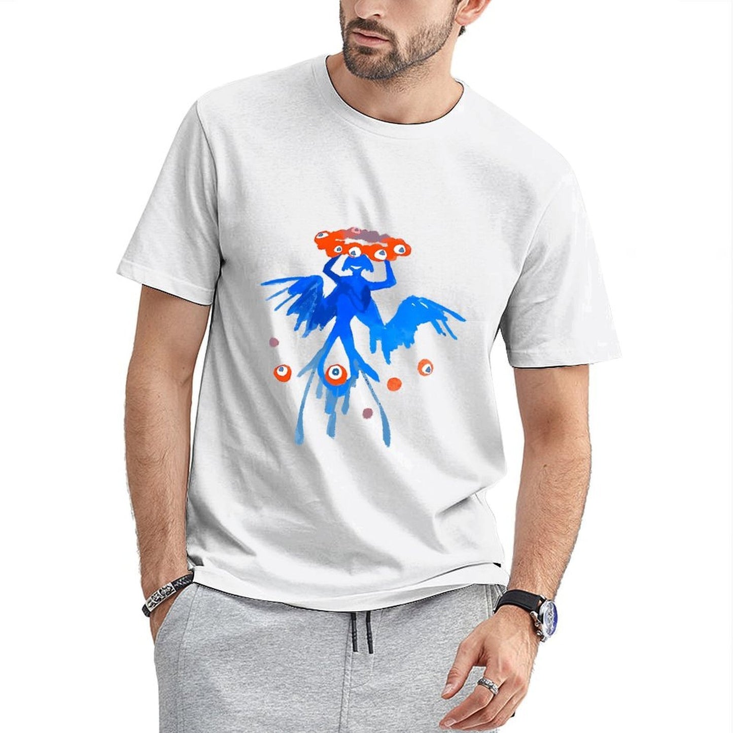 Inkmay Casual Cotton T-shirt Blue Creature With Orange Eyes Pattern Unisex T-shirtEverydayFit Natural T-Shirt