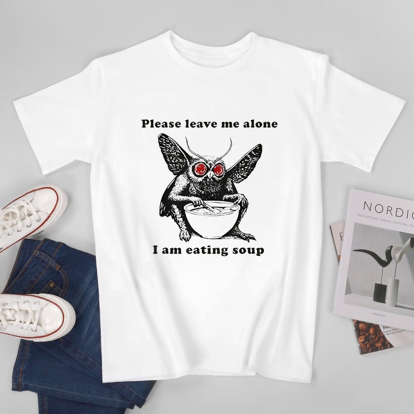 Inkmay Casual Cotton T-shirt Moth Eating Soup With Red Eyes Unisex T-shirtStandard SmoothWear T-Shirt