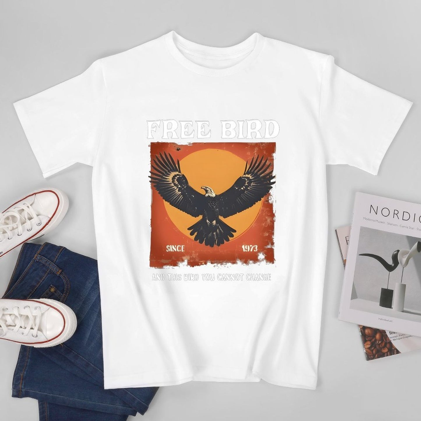 Inkmay Casual Cotton T-shirt Eagle Soaring Against Orange Sky Background Unisex T-shirtSoftTouch PureStyle T-Shirt