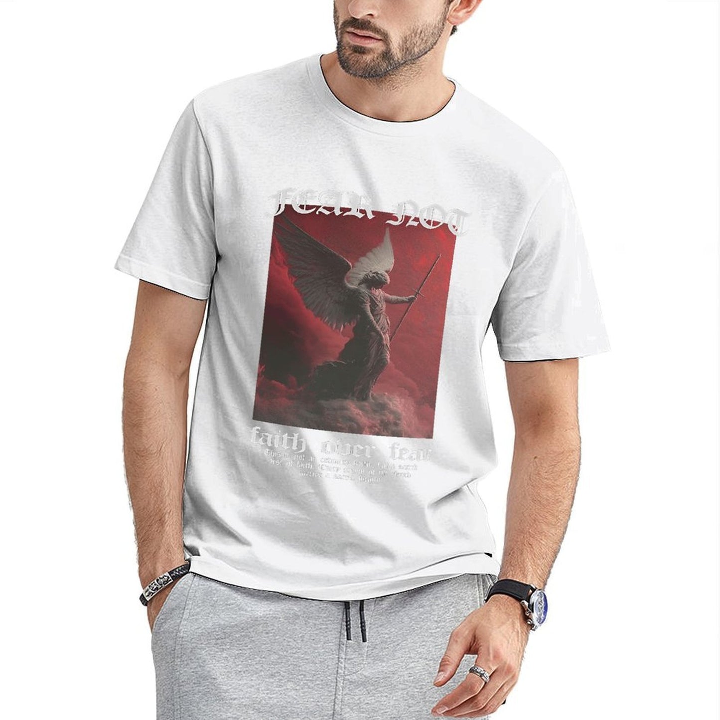 Inkmay Casual Cotton T-shirt Angel With Sword Over Clouds Unisex T-shirt