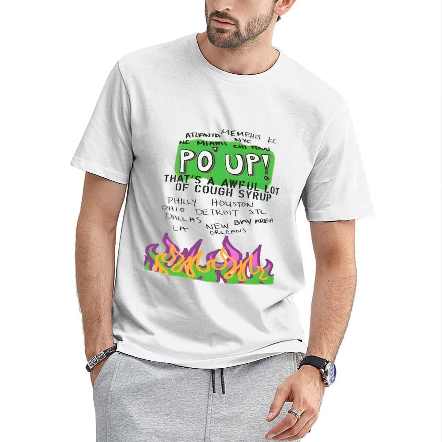 Inkmay Casual Cotton T-shirt Green Background With Purple Flames Design Unisex T-shirtStreetLine Smooth T-Shirt
