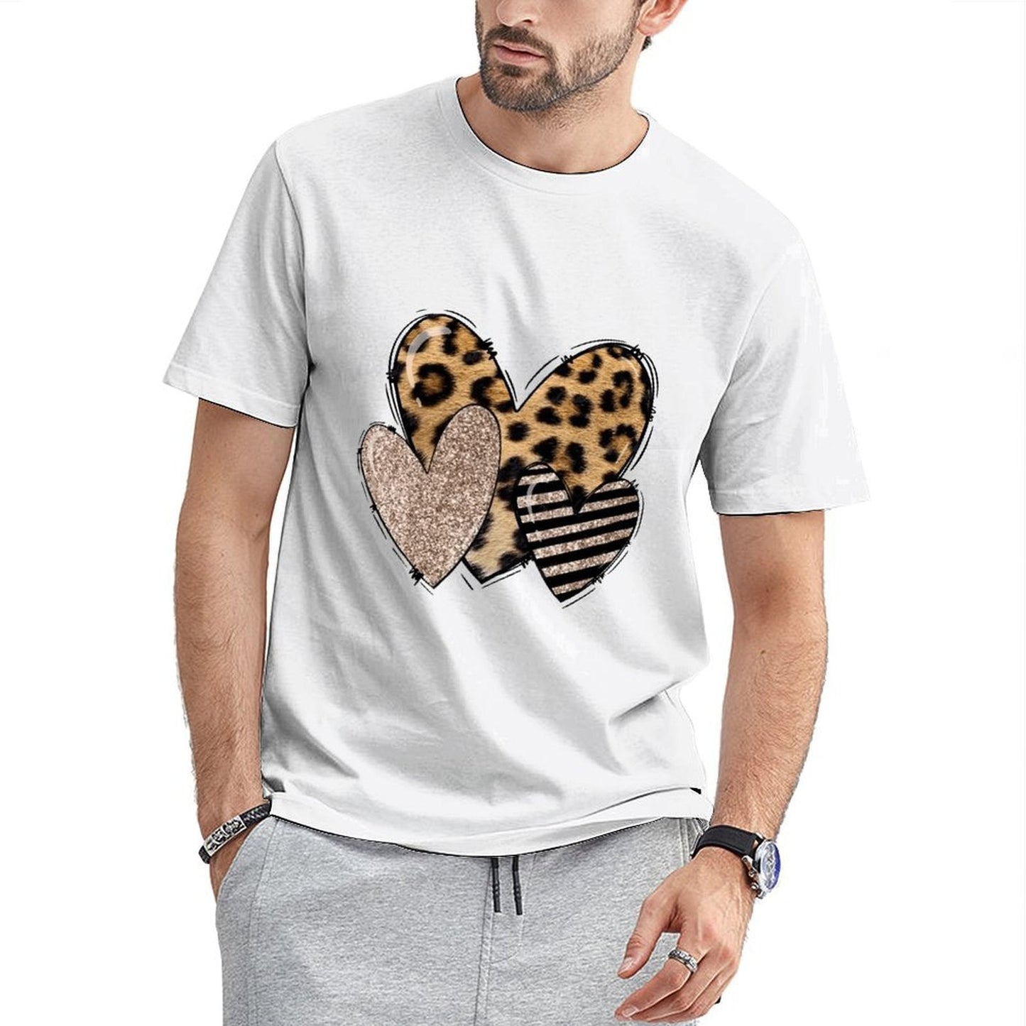 Inkmay Casual Cotton T-shirt Heart Shapes With Leopard And Glitter Unisex T-shirtSmooth Feel SimpleFit T-Shirt