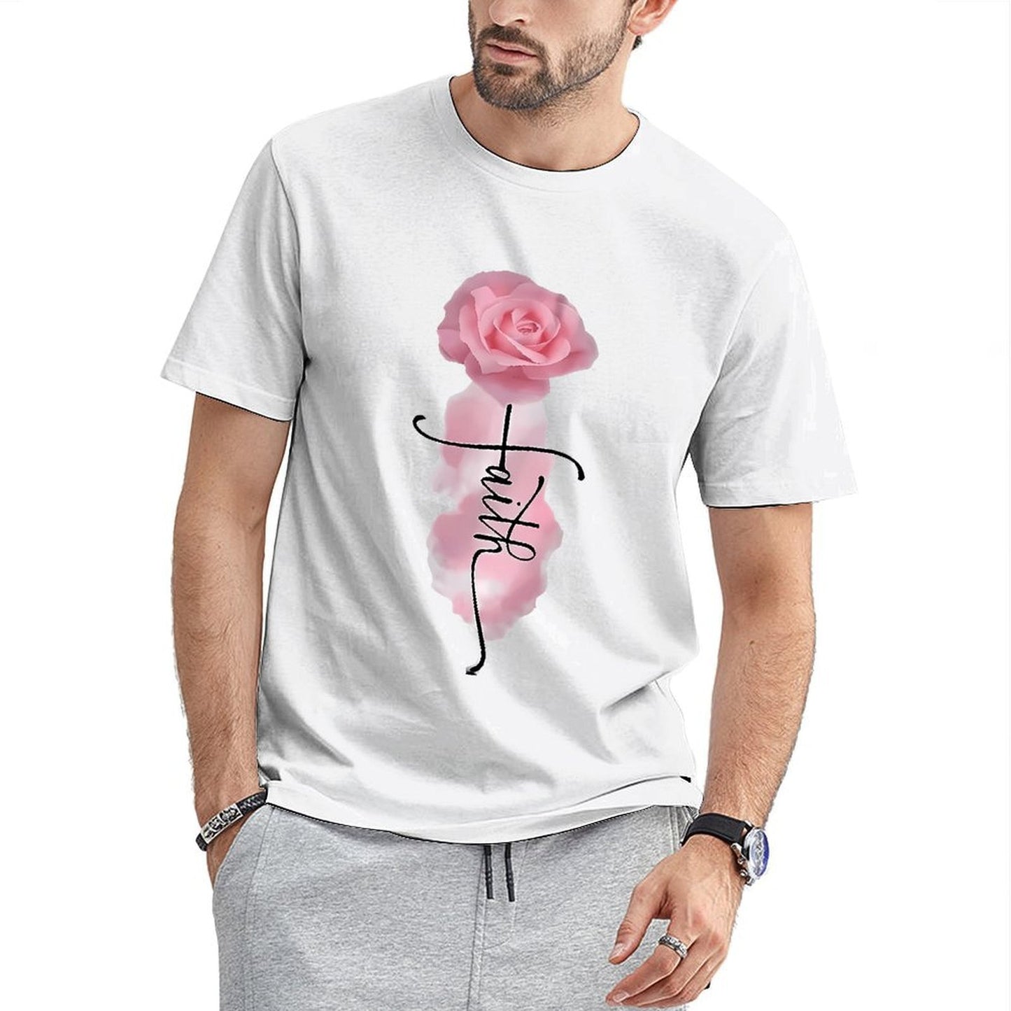 Inkmay Casual Cotton T-shirt Faith Rose Pattern Print Art Design Unisex T-shirtBasic Neat T-Shirt