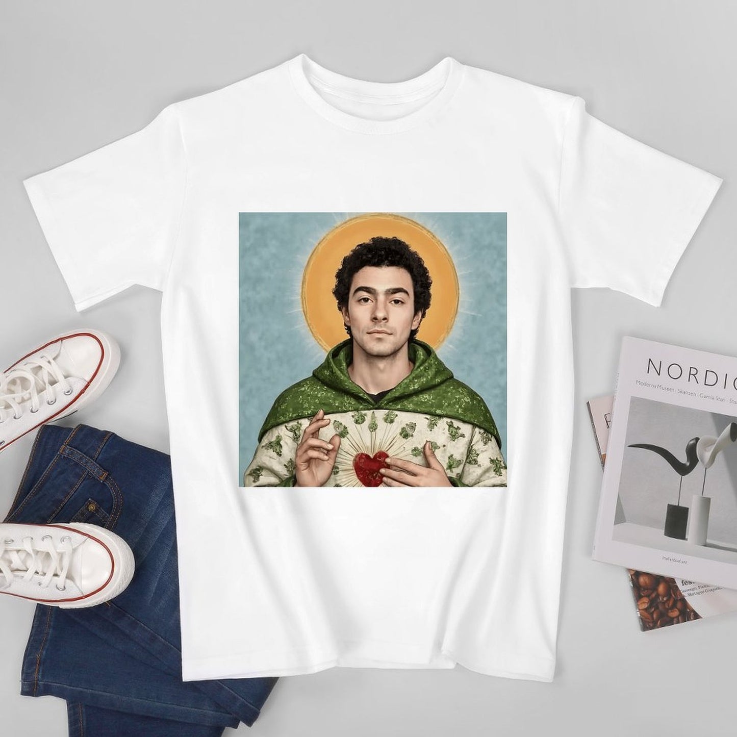 Inkmay Casual Cotton T-shirt Green Robe With Floral Pattern Print Unisex T-shirtRelaxed Fit Pure T-Shirt