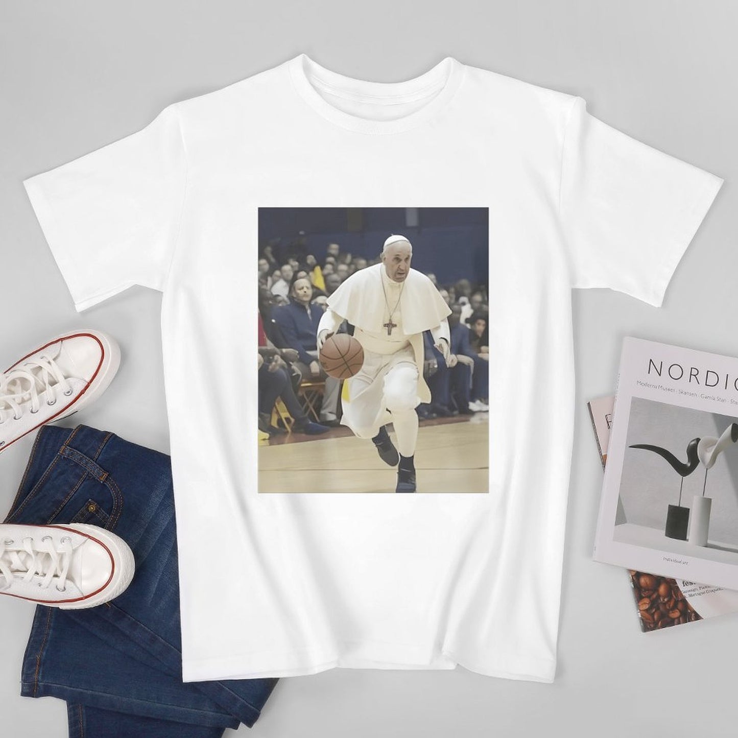 Inkmay Casual Cotton T-shirt Pope Playing Basketball In White Robes Unisex T-shirt