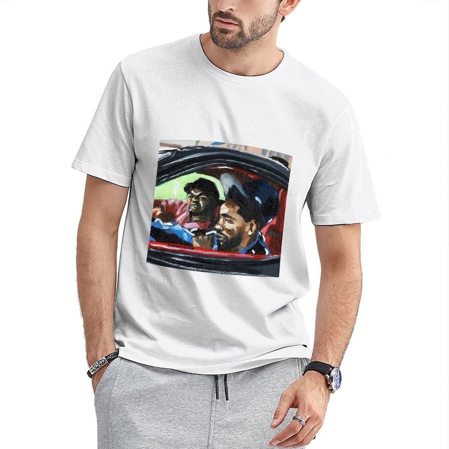 Inkmay Casual Cotton T-shirt Cartoon Puppet Holding Gun And Star Unisex T-shirt