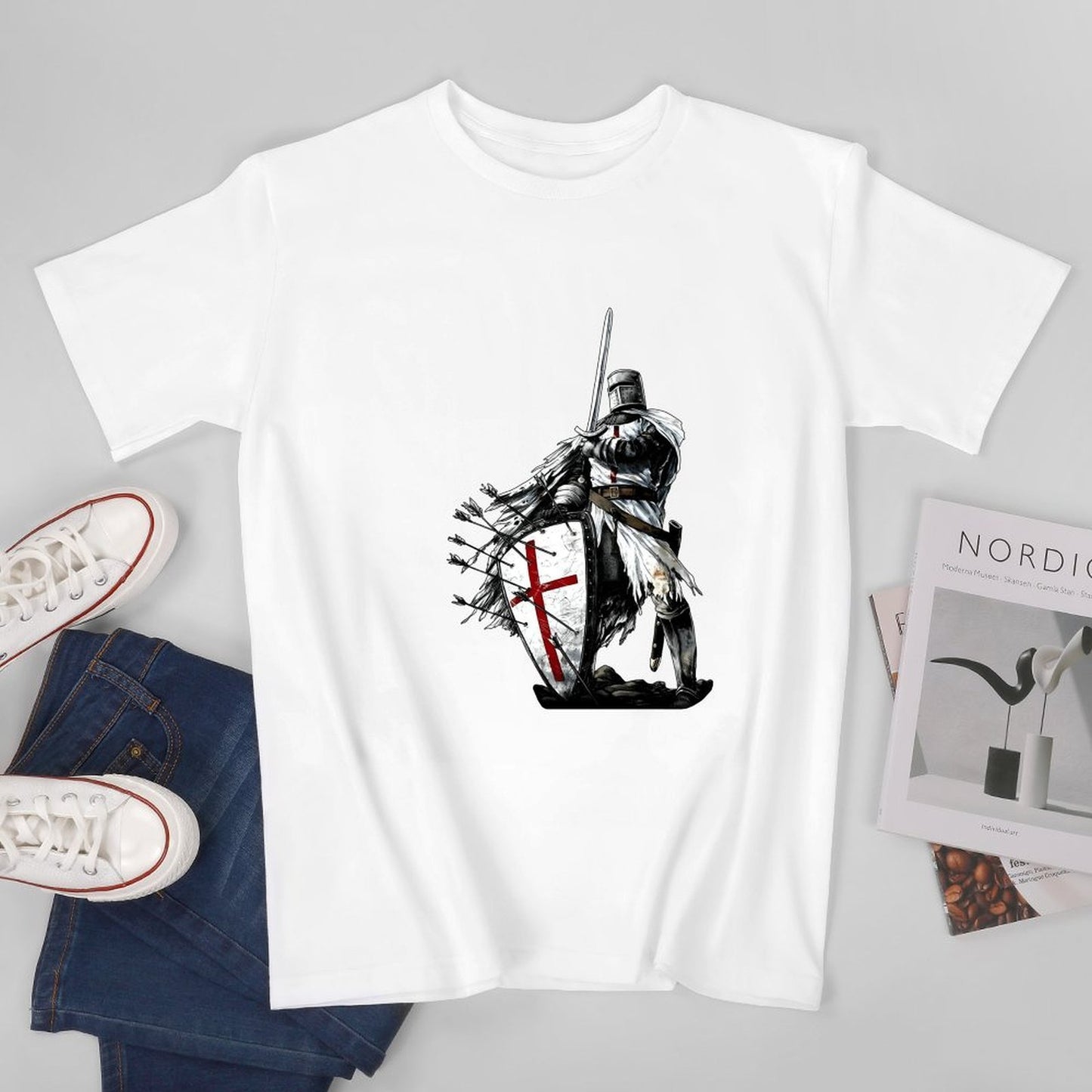 Inkmay Casual Cotton T-shirt Knight In Armor Holding Shield Sword Unisex T-shirtOn-Demand Batch-Printed T-Shirt