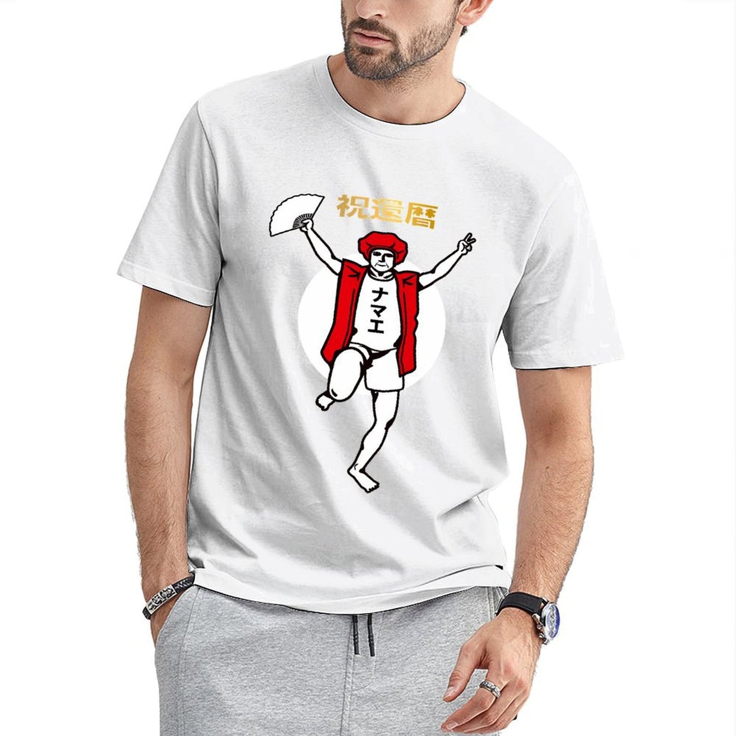 Inkmay Casual Cotton T-shirt Man In Red Jacket Dancing Joyfully Unisex T-shirtClassicSeries CoreLine T-Shirt