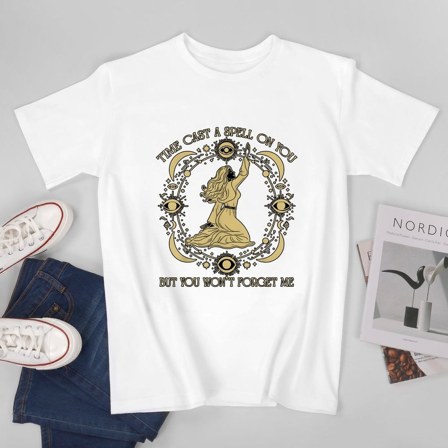 Inkmay Casual Cotton T-shirt Mystical Woman Casting Spell With Moons Unisex T-shirtCrisp Print Cotton T-Shirt