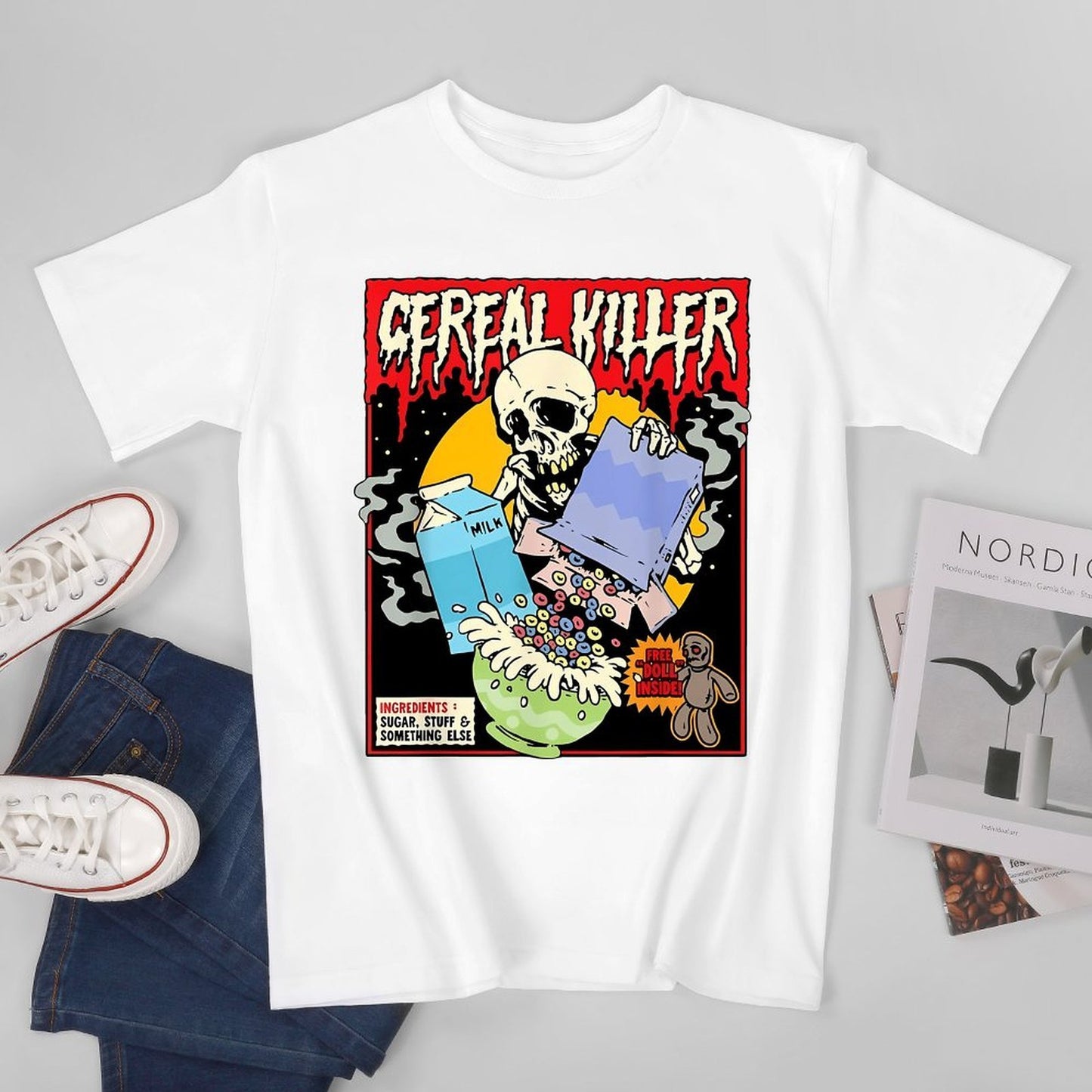 Inkmay Casual Cotton T-shirt Cereal Killer With Skull And Milk Unisex T-shirtPromotional Relaxed T-Shirt