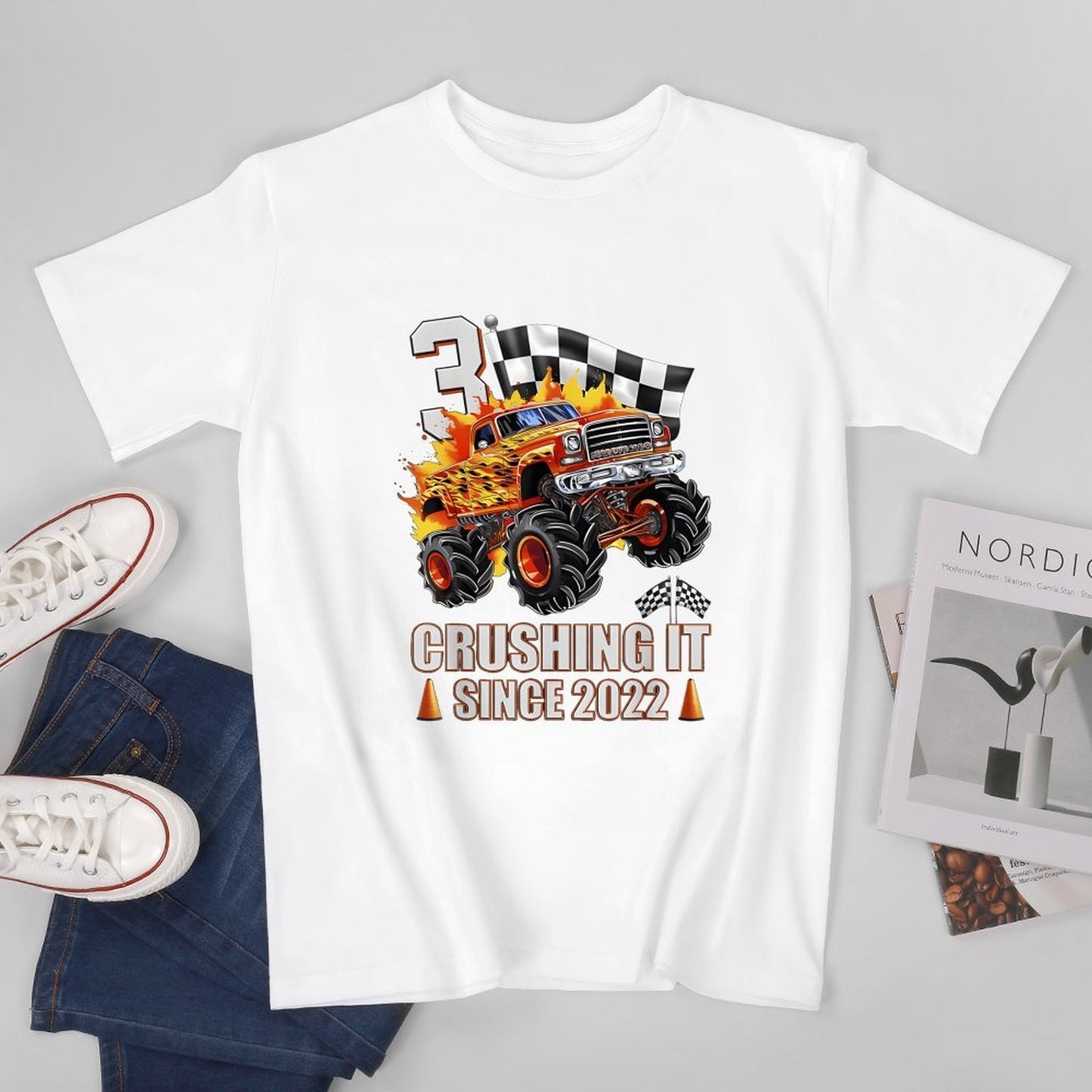 Inkmay Casual Cotton T-shirt Monster Truck With Fire Flames Unisex T-shirtNeutral SoftLine T-Shirt