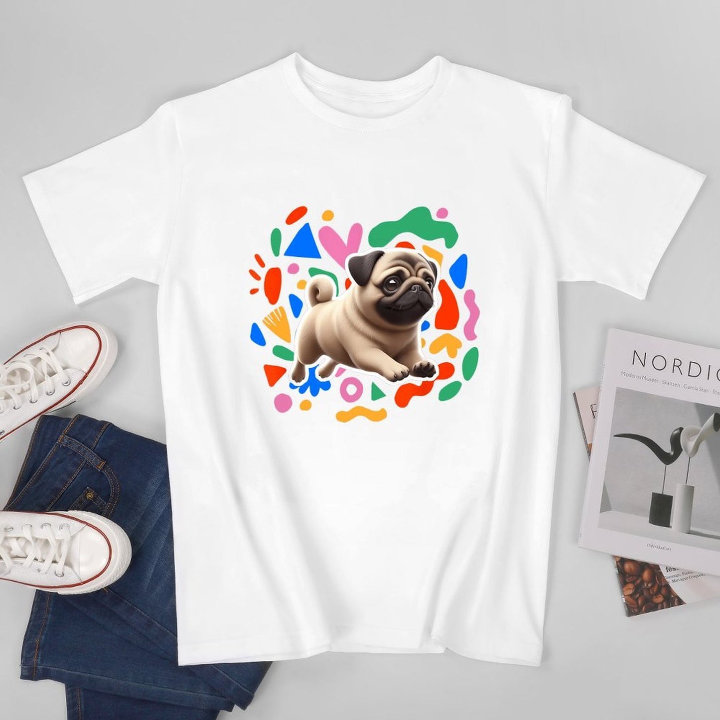 Inkmay Casual Cotton T-shirt Colorful Geometric Shapes With Pug Dog Unisex T-shirtOversized Heritage T-Shirt