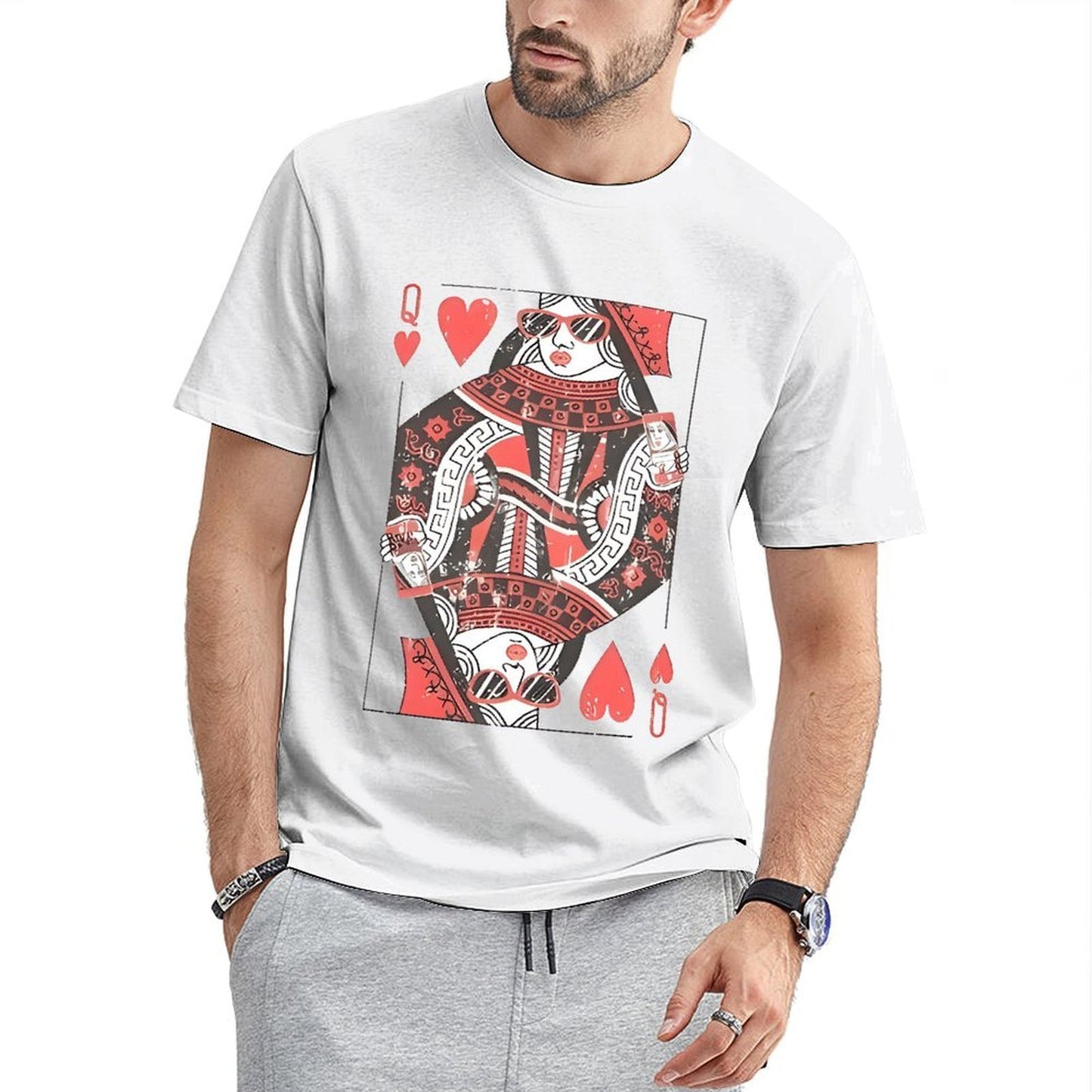 Inkmay Casual Cotton T-shirt Queen Of Hearts Playing Card Design Unisex T-shirtTear-Resistant EasyWear T-Shirt
