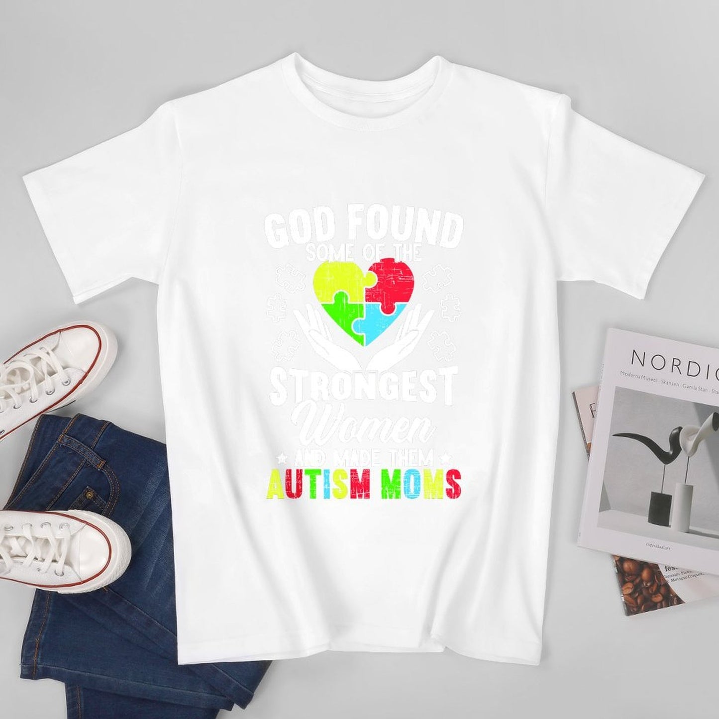 Inkmay Casual Cotton T-shirt Colorful Puzzle Pieces Form Heart Shape Unisex T-shirtNeutral Batch-Printed T-Shirt