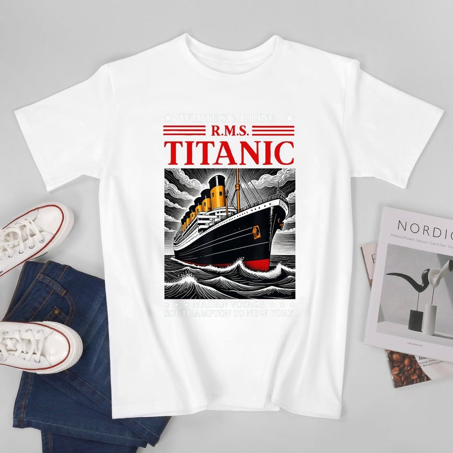 Inkmay Casual Cotton T-shirt Titanic Ocean Liner Art Print Unisex T-shirtRetro SimpleFit T-Shirt