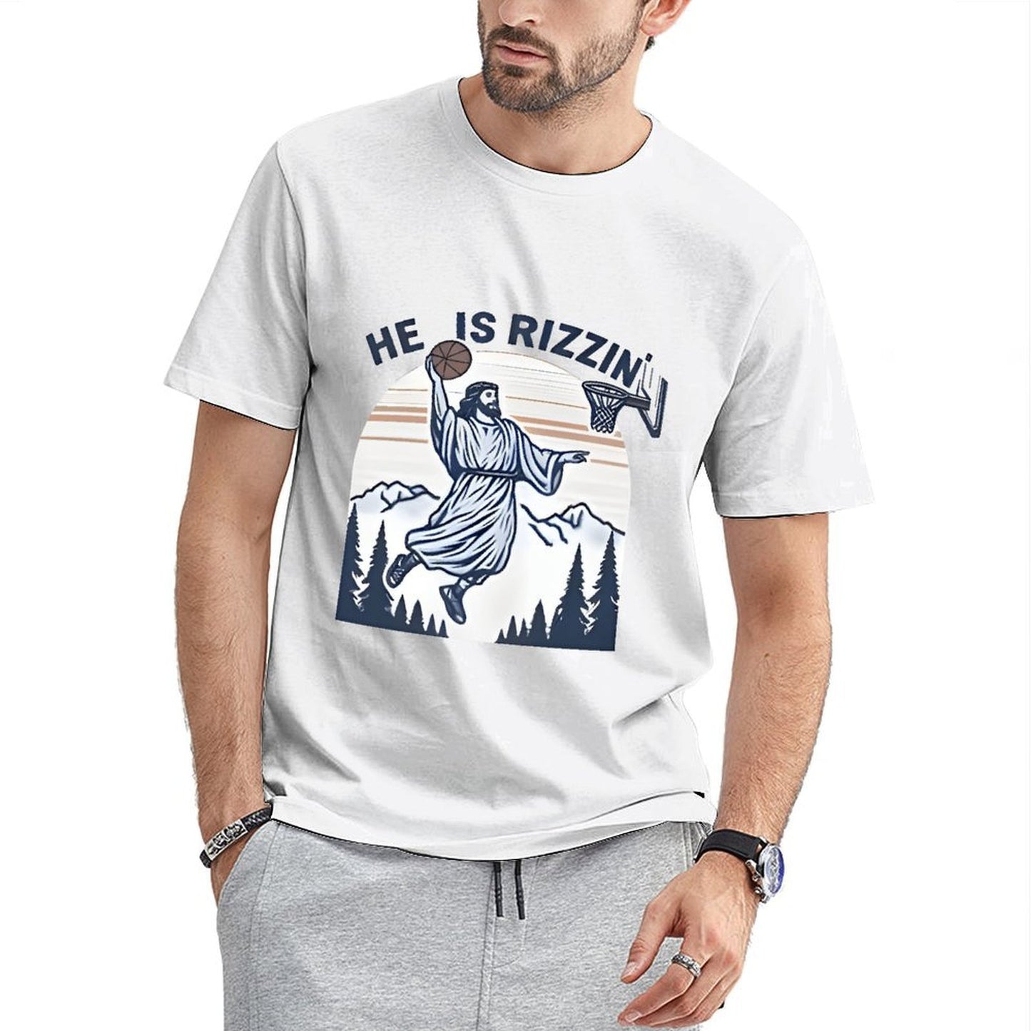 Inkmay Casual Cotton T-shirt Jesus Playing Basketball In Mountain Scene Unisex T-shirtColorfast Neat T-Shirt
