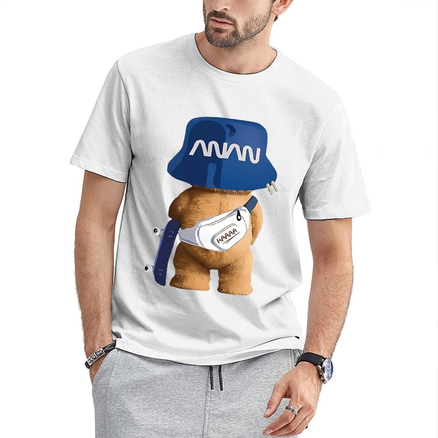 Inkmay Casual Cotton T-shirt Funny Bear Wearing Blue Hat Unisex T-shirtBasicSeries TimelessStyle T-Shirt