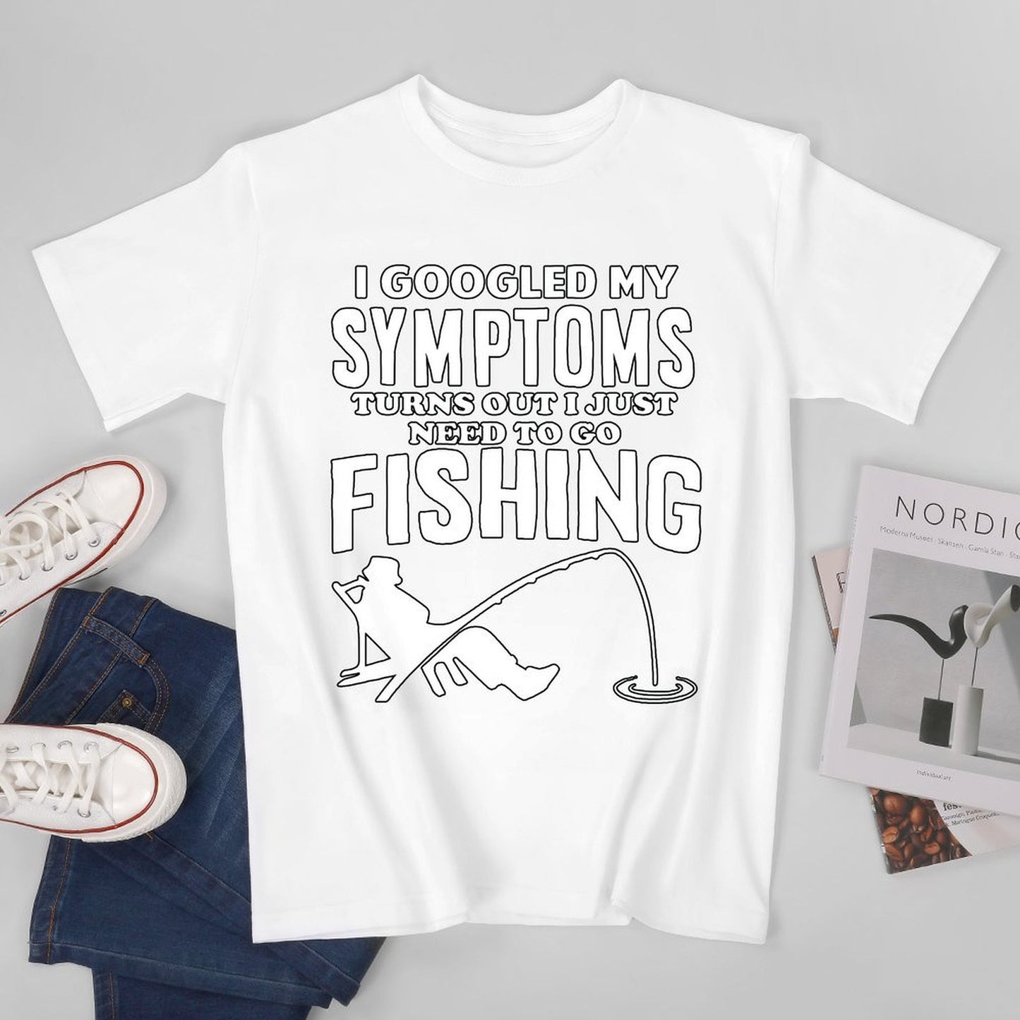 Inkmay Casual Cotton T-shirt Fishing Theme Print On Black Background Unisex T-shirtTear-Resistant Wrinkle-Free T-Shirt