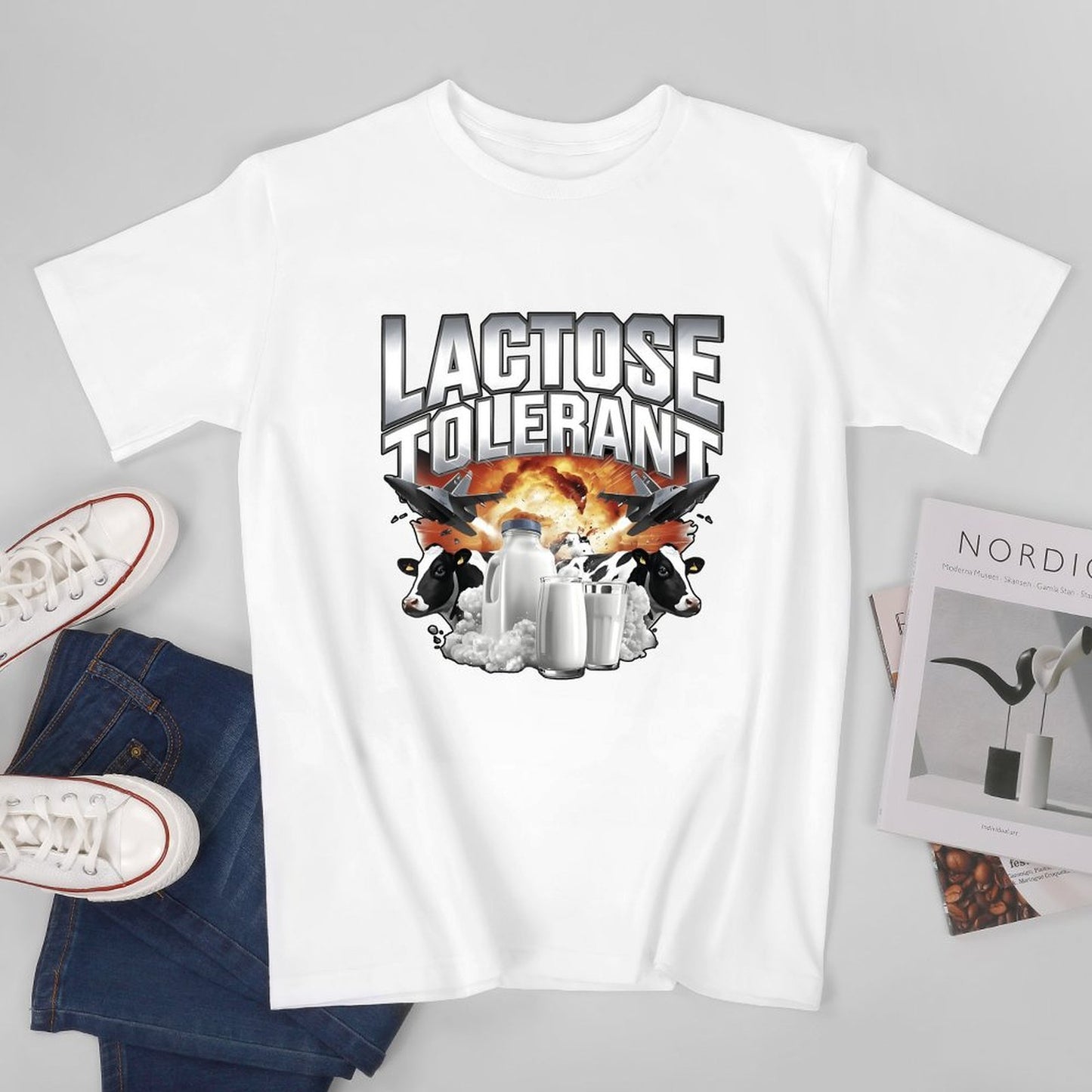Inkmay Casual Cotton T-shirt Lactose Tolerant Cows Milk Glass Unisex T-shirtOversized Smooth Feel T-Shirt