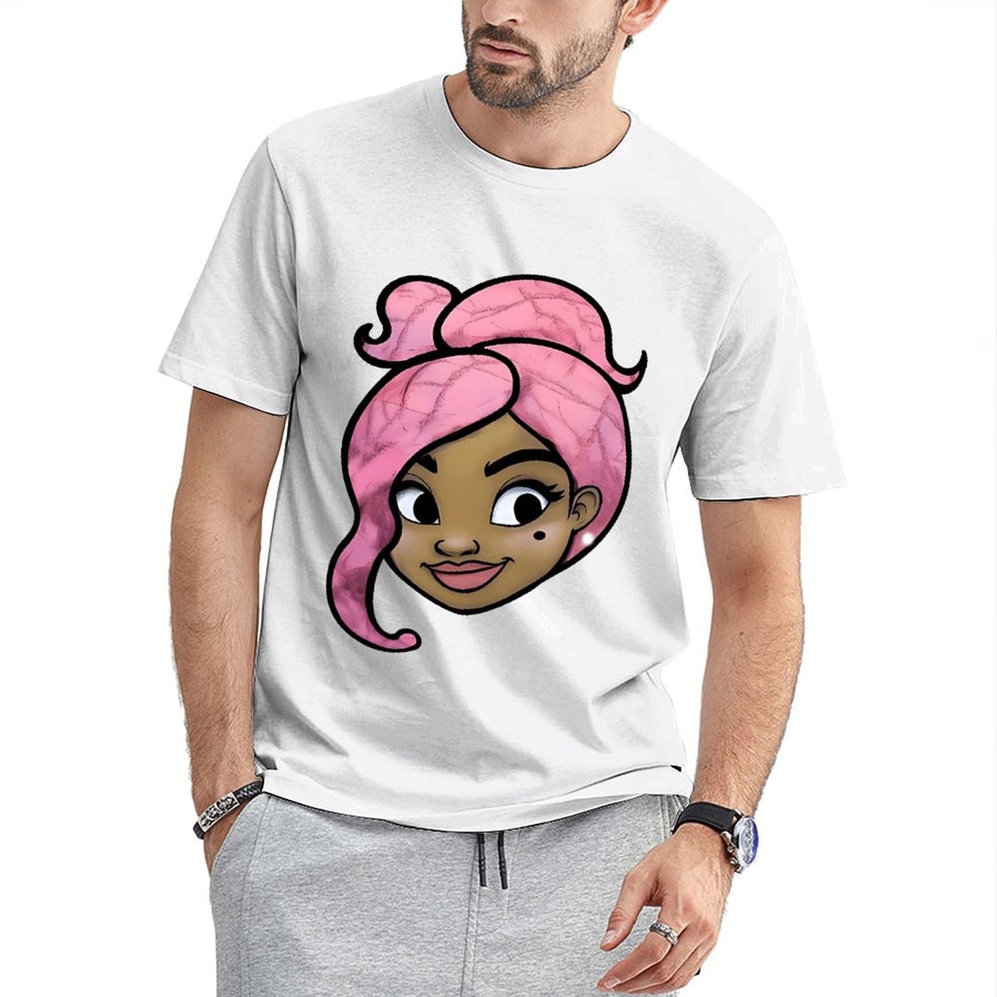 Inkmay Casual Cotton T-shirt Pink Hair With Swirls And Highlights Unisex T-shirtDaily ClassicSeries T-Shirt