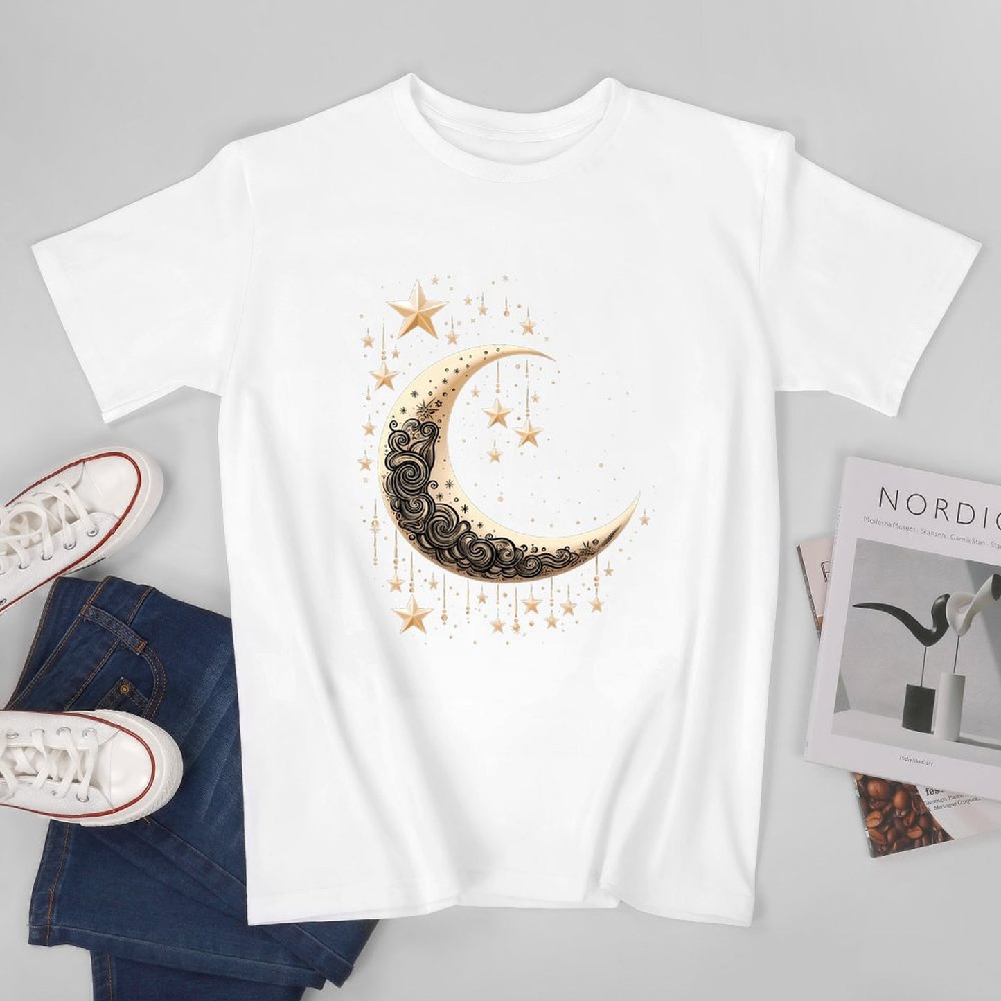 Inkmay Casual Cotton T-shirt Elegant Crescent Moon With Stars Design Unisex T-shirtCasual ActiveStyle T-Shirt