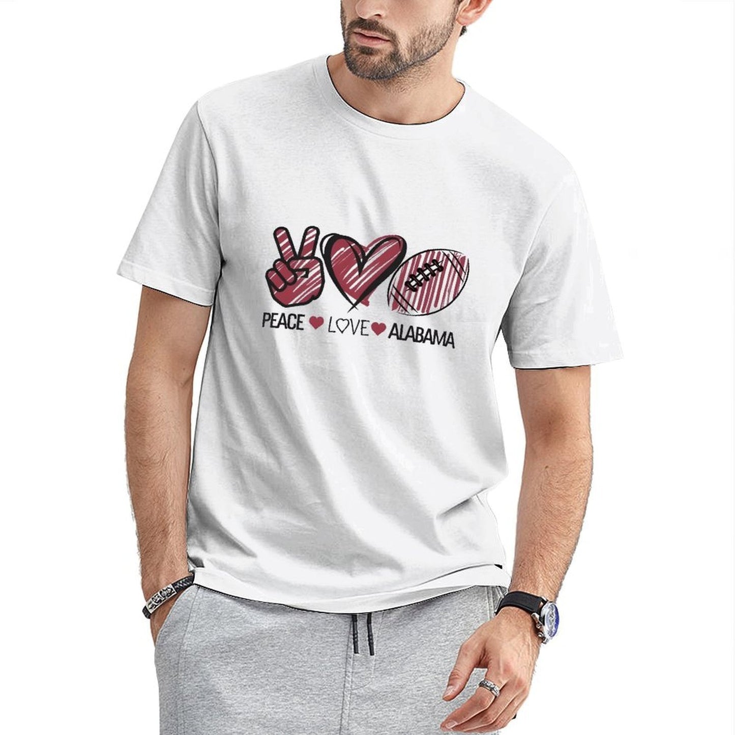 Inkmay Casual Cotton T-shirt Peace Love Alabama Football Heart Gesture Unisex T-shirtSmoothWear Vibrant Colors T-Shirt