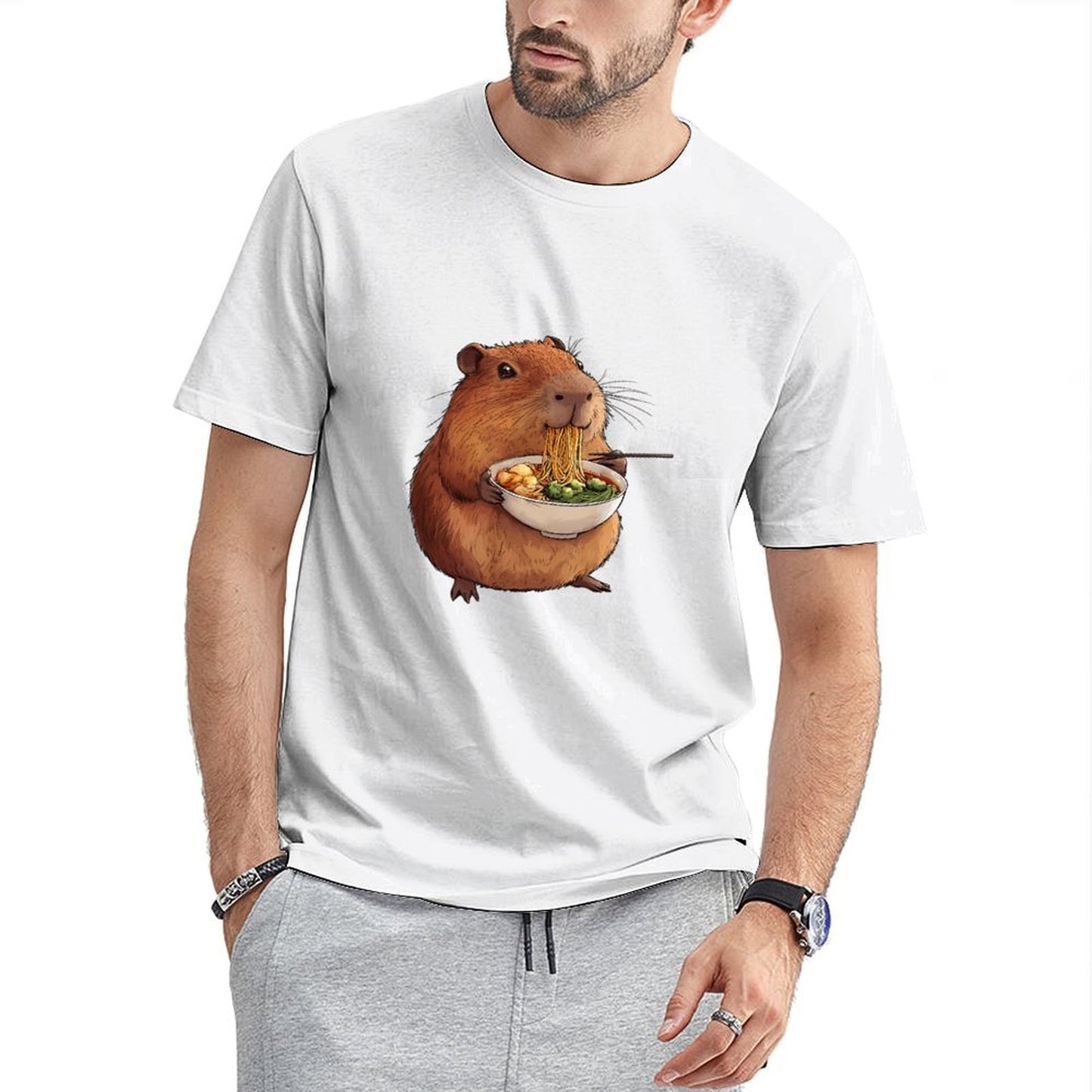 Inkmay Casual Cotton T-shirt Cute Hamster Eating Noodles With Chopsticks Unisex T-shirtUltra Durable Retro T-Shirt